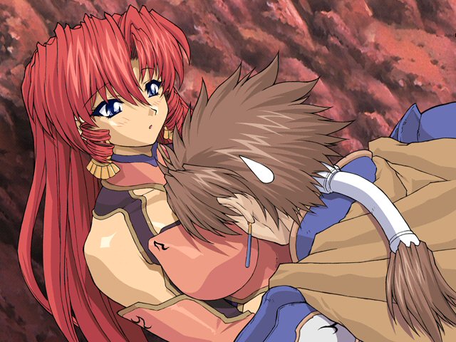 brave soul, mogudan, ruby (brave soul), rudy, rudy (brave soul), game cg, 1boy, 1girl, bare shoulders, blue eyes, blush, breast smother, breasts, brown hair, cape, drill hair, earrings, hetero, jewelry, long hair, open mouth, ponytail, red hair, sweatdrop