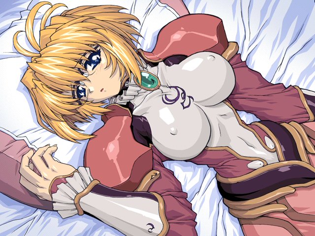 brave soul, mogudan, caren (brave soul), game cg, 1girl, bed, blonde hair, blue eyes, breasts, covered erect nipples, dress, female focus, frills, glasses, large breasts, lying, navel, open mouth, pillow, skin tight, solo