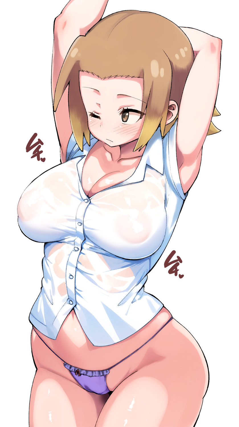 norakuro nero, kasamaru aoi, ruri no houseki, highres, 1girl, arm up, armpits, arms behind head, blush, bow, bow panties, breasts, brown eyes, brown hair, cleavage, cleft of venus, closed mouth, cowboy shot, crotch seam, curvy, dress shirt, frilled panties, frills, frown, large breasts, looking to the side, navel, no pants, one eye closed, panties, purple panties, pussy, shirt, short hair, simple background, sleeveless, sleeveless shirt, solo, standing, stretching, string panties, underwear, wet, wet clothes, wet shirt, white background, white shirt, wing collar