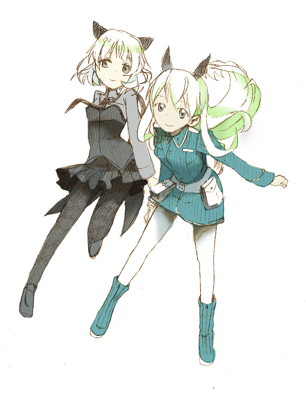 dechimi, eila ilmatar juutilainen, sanya v. litvyak, strike witches, world witches series, 00s, 2girls, animal ears, aqua boots, black pantyhose, boots, chimichimi, military, military uniform, multiple girls, pantyhose, simple background, white background, white pantyhose
