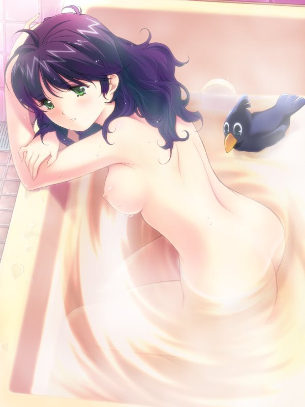 min-naraken, ultra mahou shoujo manana, jpeg artifacts, 1girl, back, bath, bathtub, bird, breasts, female focus, green eyes, long hair, nipples, nude, purple hair, solo, wet