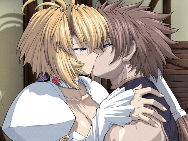 brave soul, mogudan, caren (brave soul), rudy, rudy (brave soul), game cg, 1boy, 1girl, bare shoulders, blonde hair, blush, breasts, brown hair, choker, cleavage, closed eyes, dress, hetero, hug, kiss, large breasts, ponytail, shadow