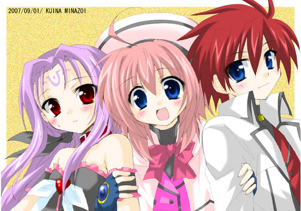caro ru lushe, erio mondial, kerykeion (nanoha), lutecia alpine, lyrical nanoha, mahou shoujo lyrical nanoha, mahou shoujo lyrical nanoha strikers, 00s, 1boy, 2girls, ahoge, blush, bow, multiple girls, pink bow, smile
