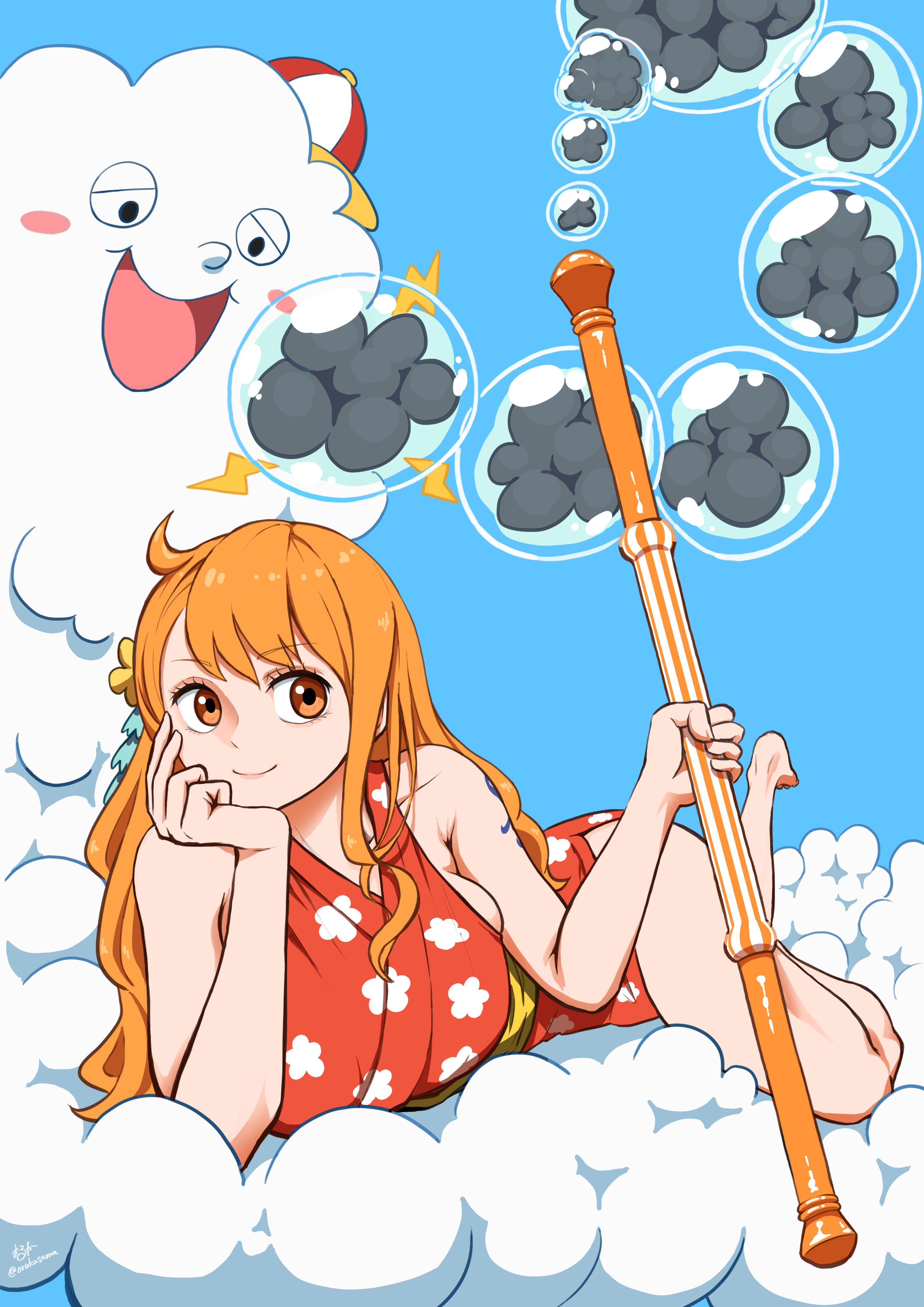wolkat, nami (one piece), zeus (one piece), one piece, absurdres, commentary request, highres, 1girl, bare arms, bare legs, bare shoulders, barefoot, blue background, breasts, brown eyes, bubble, clima-tact, closed mouth, cloud, elbow rest, electricity, floral print, floral print kimono, foot up, full body, hat, head rest, holding, holding staff, japanese clothes, kimono, large breasts, lightning bolt symbol, long hair, lying, mini hat, official alternate costume, on stomach, orange hair, print kimono, red kimono, sash, shoulder tattoo, single sidelock, sleeveless, sleeveless kimono, smile, staff, tattoo, wavy hair, yellow sash