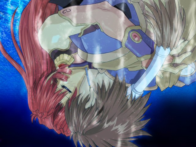 brave soul, mogudan, ruby (brave soul), rudy, rudy (brave soul), game cg, 1boy, 1girl, bare shoulders, blush, brown hair, closed eyes, detached sleeves, drill hair, earrings, hetero, hug, jewelry, kiss, long hair, ponytail, red hair, underwater, water, wet