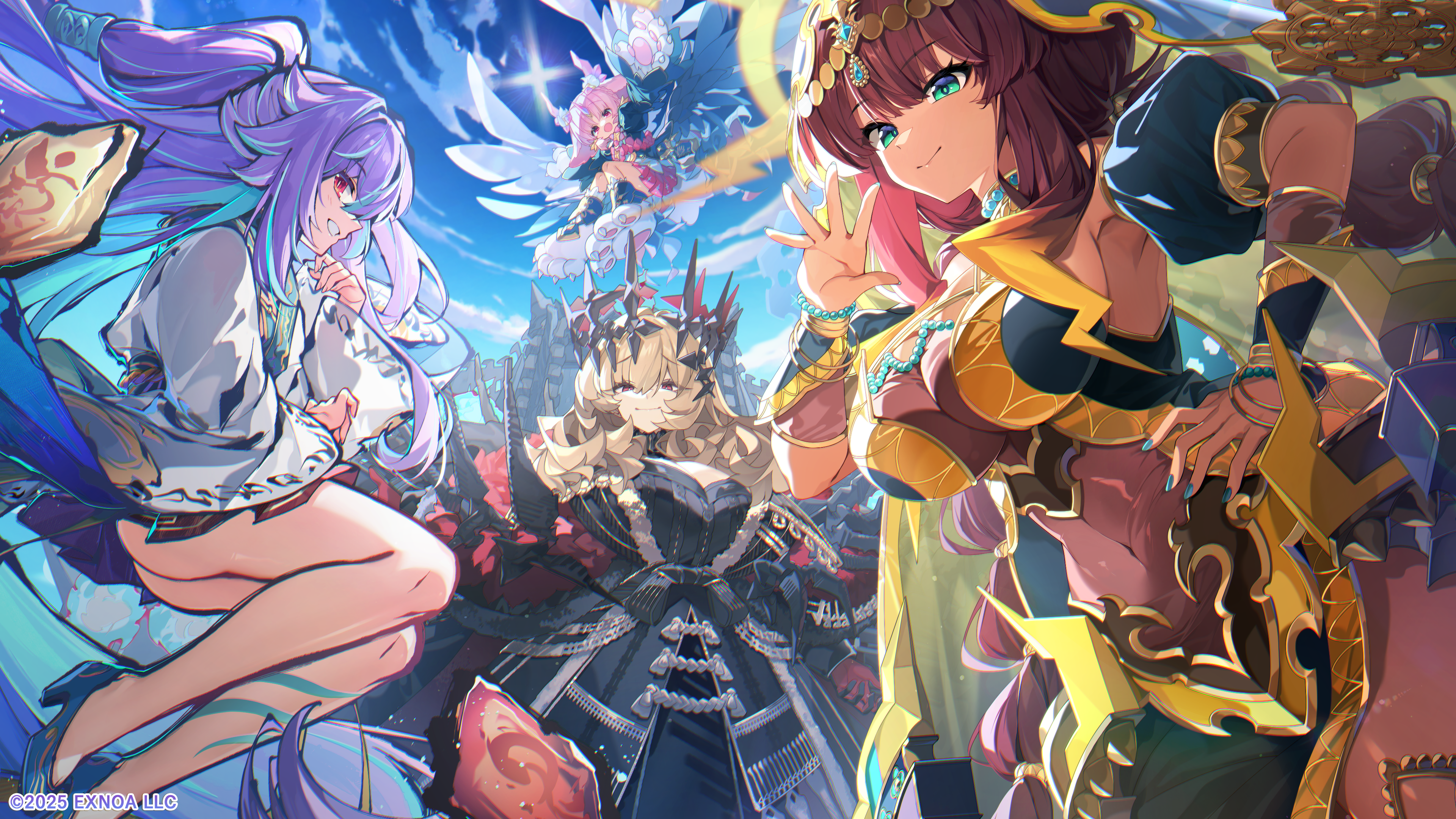 dmm, lulu (monmusu td), oshiro project:re, absurdres, highres, official art, official wallpaper, 4girls, ass peek, black dress, blonde hair, bodystocking, book, breasts, closed mouth, dress, green eyes, hand on own hip, jewelry, large breasts, legs, looking at viewer, multiple girls, open mouth, pink hair, purple hair, red eyes, red hair, smile, teeth, white wings, wings