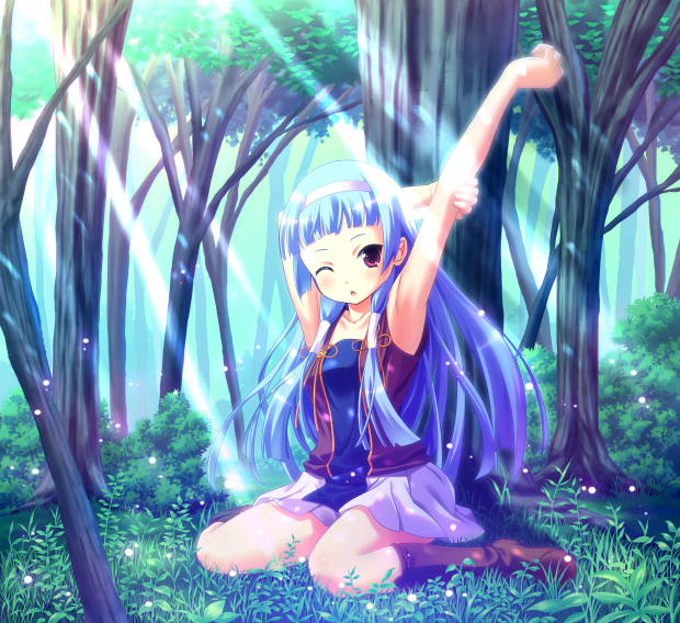 uehara yukihiko, nagi, kannagi, bad id, bad pixiv id, 00s, 1girl, armpits, blue hair, blunt bangs, collarbone, female focus, flat chest, hairband, long hair, pleated skirt, purple eyes, skirt, solo, white skirt
