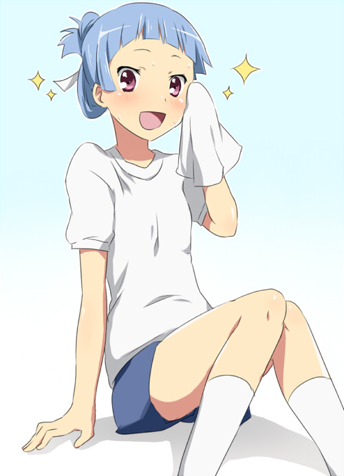 maruki (punchiki), nagi, kannagi, 00s, alternate hairstyle, blue hair, blunt bangs, gym uniform, purple eyes, solo