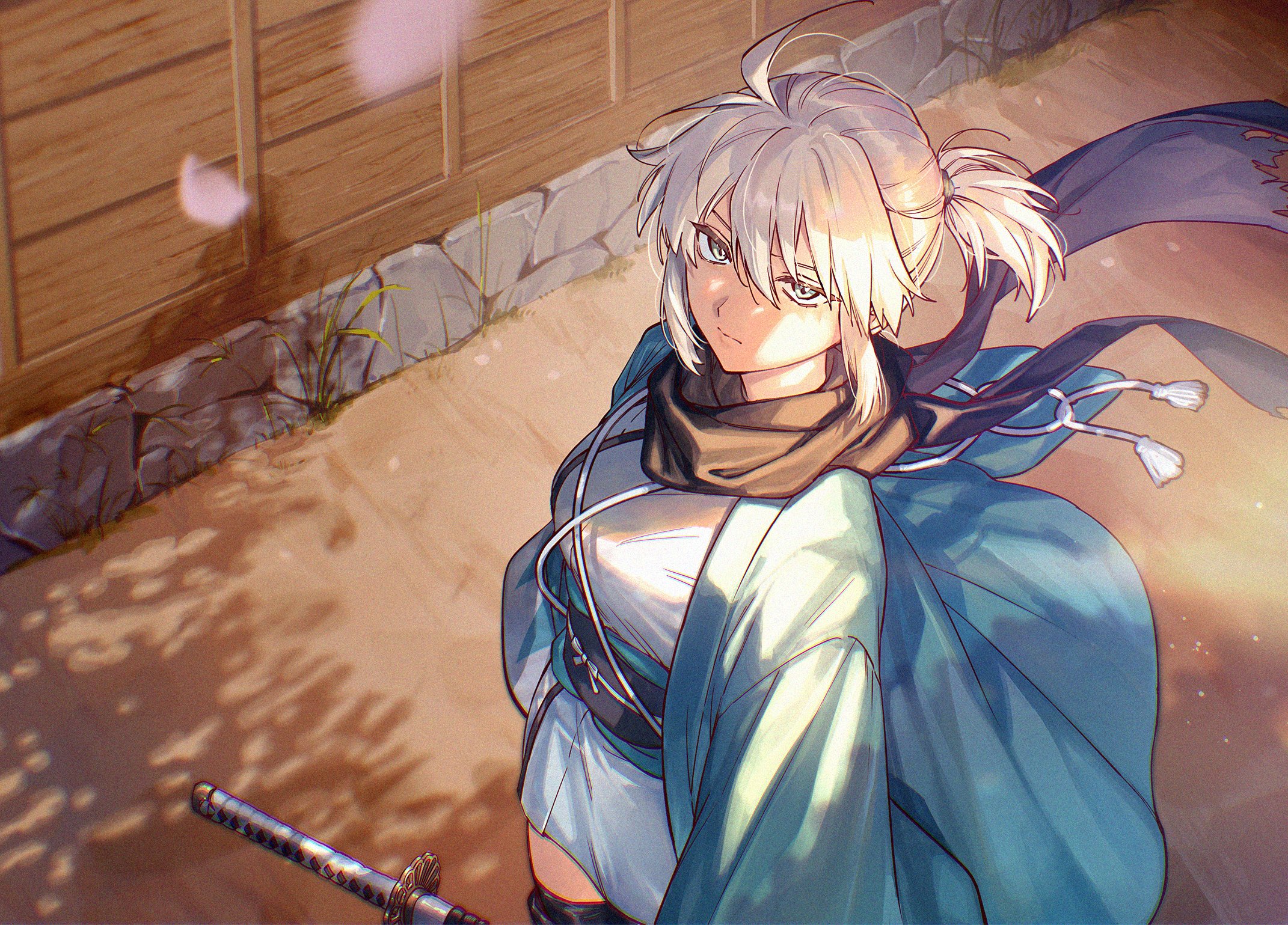 uni (nico02), okita souji (fate), fate/grand order, fate (series), commentary, highres, 1girl, ahoge, black sash, black scarf, black thighhighs, blonde hair, blue haori, blurry, chromatic aberration, closed mouth, day, depth of field, dirt road, expressionless, falling petals, from above, grey eyes, hair between eyes, hair tie, haori, japanese clothes, katana, kimono, long sleeves, looking at viewer, obi, obiage, obijime, official alternate hairstyle, okita souji (third ascension) (fate), outdoors, petals, ponytail, road, sash, scarf, shinsengumi, short hair, short kimono, short ponytail, solo, standing, sword, tassel, thighhighs, weapon, weeds, white kimono, wind
