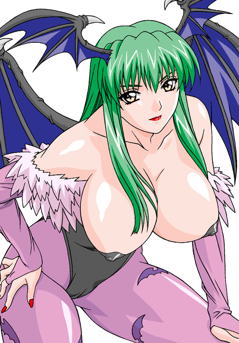 rudoni, morrigan aensland, capcom, darkstalkers, 1girl, animal print, bare shoulders, bat (animal), bat print, breasts, cameltoe, censored, cleavage, convenient censoring, covered erect nipples, demon girl, elbow gloves, female focus, gloves, green hair, hair over breasts, head wings, large breasts, lipstick, long hair, makeup, nail polish, nipples, pantyhose, patterned legwear, print pantyhose, red nails, solo, wings, yellow eyes