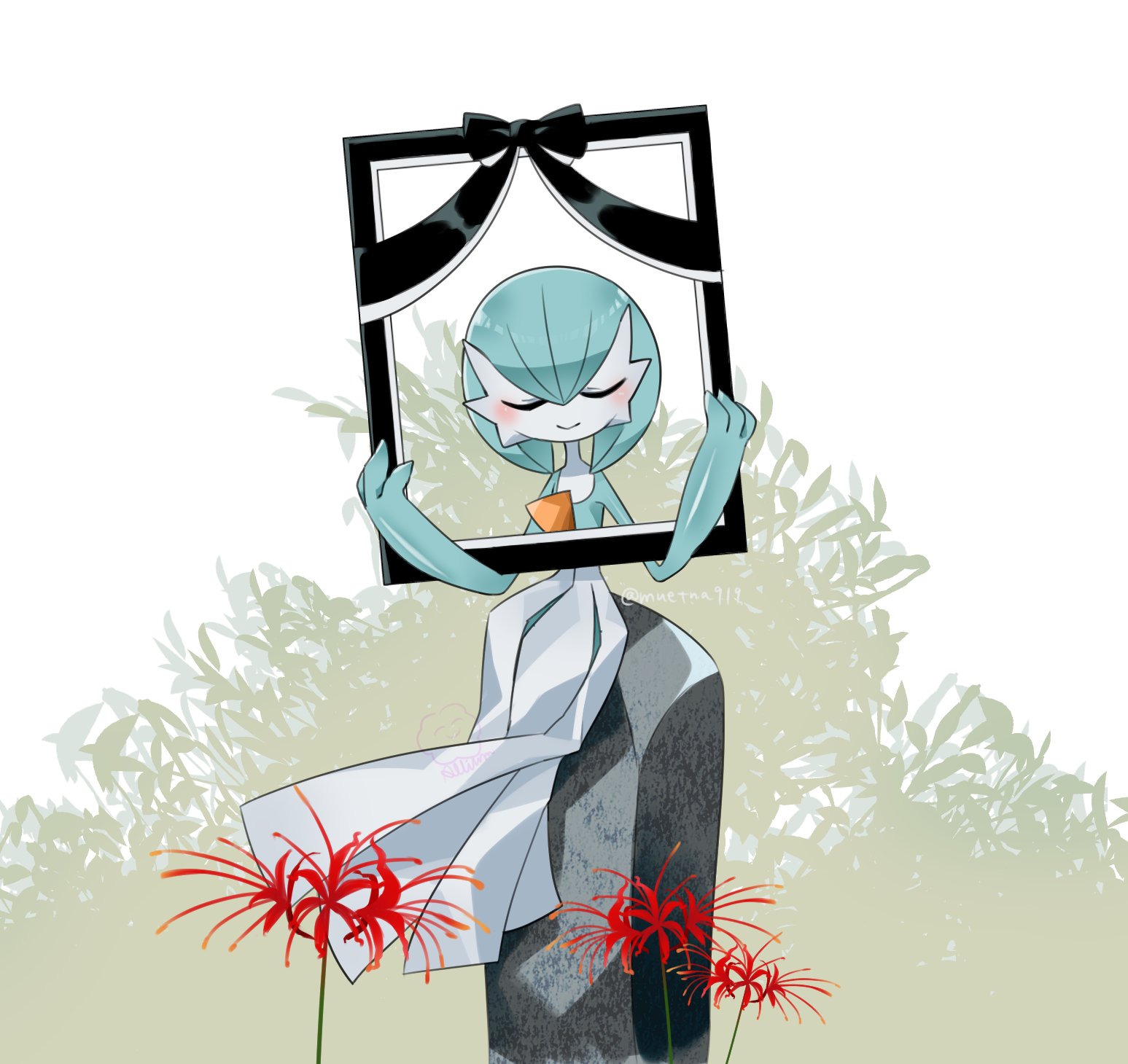 ariumu, gardevoir, nintendo, pokemon, highres, alternate color, artist name, blue hair, blue skin, bob cut, closed eyes, colored skin, dress, flower, gen 3 pokemon, iei, multicolored skin, pokemon (creature), shiny pokemon, sitting, smile, spider lily, two-tone skin, white dress, white skin