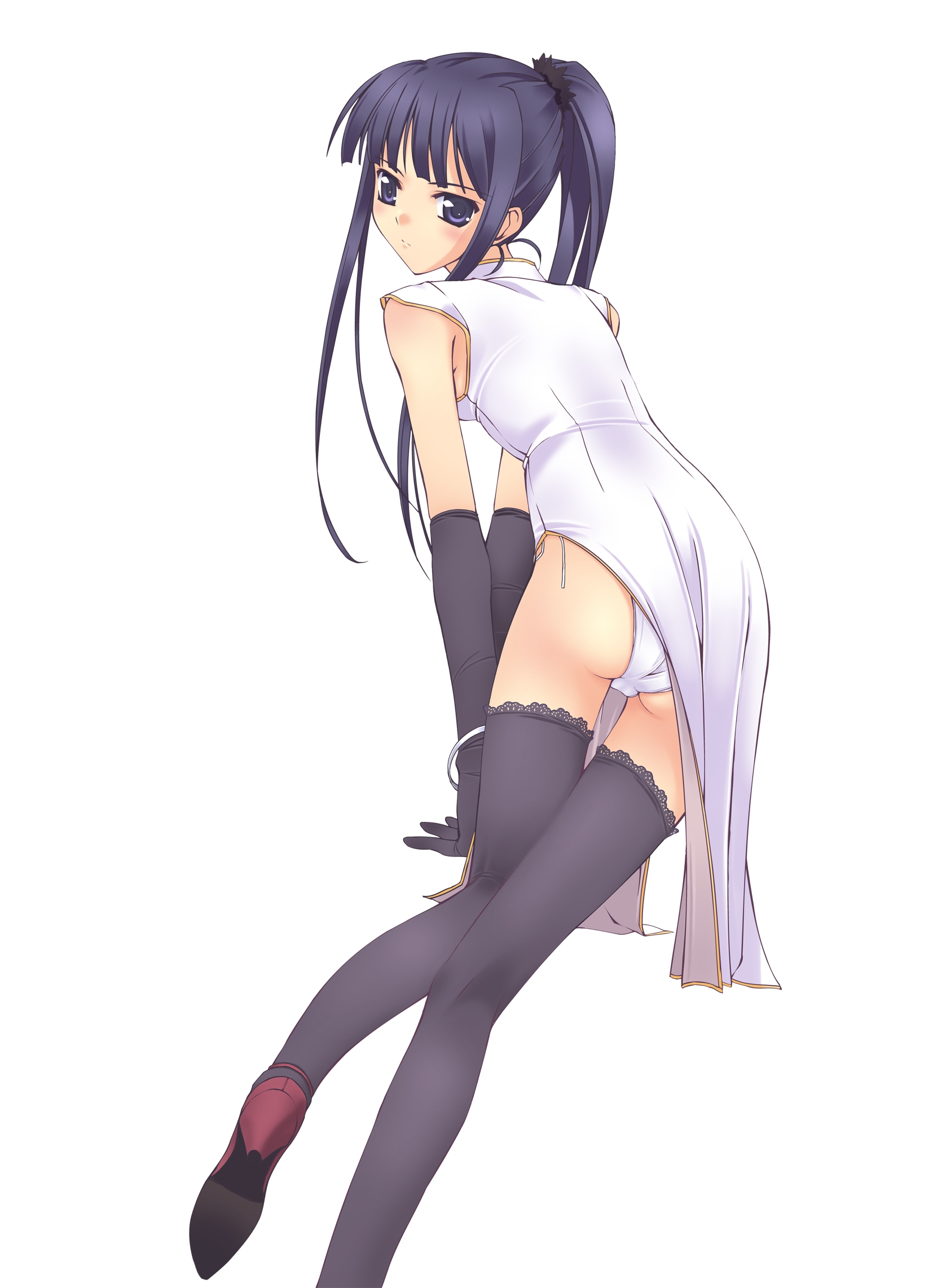 murakami suigun, f-ism, original, highres, 1girl, black gloves, blue eyes, blue hair, china dress, chinese clothes, dress, female focus, gloves, high heels, long hair, looking back, matching hair/eyes, panties, ponytail, shoes, solo, thighhighs, underwear, white panties
