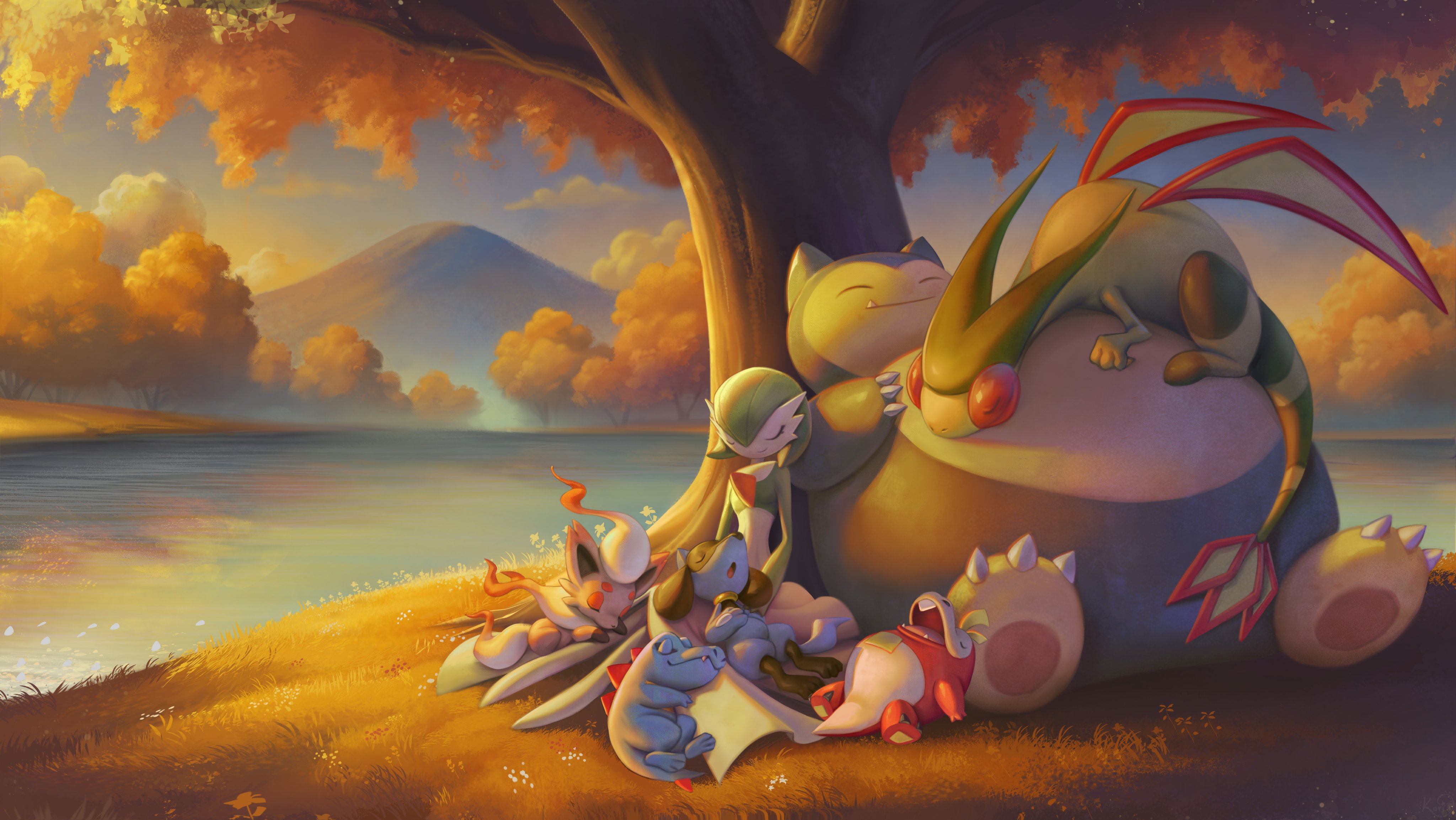koriarredondo, flygon, fuecoco, gardevoir, hisuian zorua, riolu, snorlax, totodile, nintendo, pokemon, absurdres, highres, blue skin, bob cut, claws, closed eyes, colored skin, dragon, fang, gen 1 pokemon, gen 2 pokemon, gen 3 pokemon, gen 4 pokemon, grass, green hair, green skin, lake, mountain, multicolored skin, on grass, pokemon (creature), red skin, sitting, sleeping, smile, tree, two-tone skin, under tree, water, white skin, wings