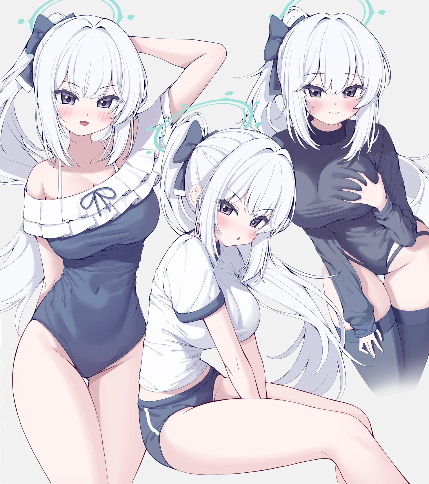 metaljelly, miyako (blue archive), miyako (swimsuit) (blue archive), blue archive, highres, 1girl, black shirt, black thighhighs, blue one-piece swimsuit, blush, bow, breasts, buruma, frills, grabbing own breast, gym shirt, gym uniform, hair bow, halo, hand up, large breasts, long hair, multiple views, one-piece swimsuit, open mouth, purple eyes, shirt, swimsuit, thighhighs, thighs, white background, white hair