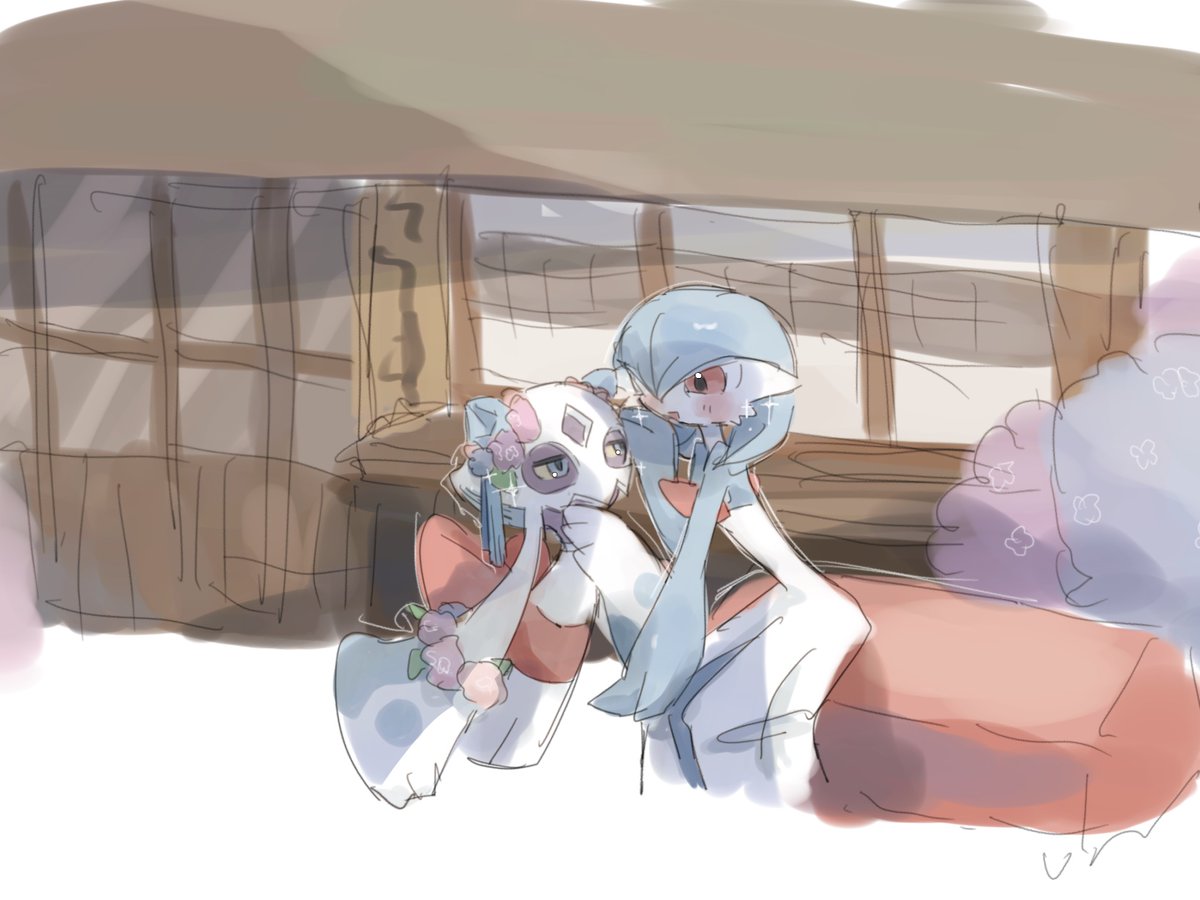 mame (nanase pk), froslass, gardevoir, nintendo, pokemon, alternate color, blue eyes, blue hair, bob cut, colored sclera, colored skin, dress, flower, gen 3 pokemon, gen 4 pokemon, multicolored skin, pink eyes, pokemon (creature), shiny pokemon, sitting, sparkle, two-tone skin, white dress, white skin, yellow sclera