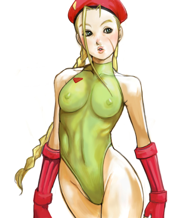 kazaana, cammy white, capcom, street fighter, 1girl, beret, blonde hair, bracer, braid, breasts, elbow gloves, female focus, gloves, hat, leotard, nipples, pout, scar, solo, twin braids, twintails