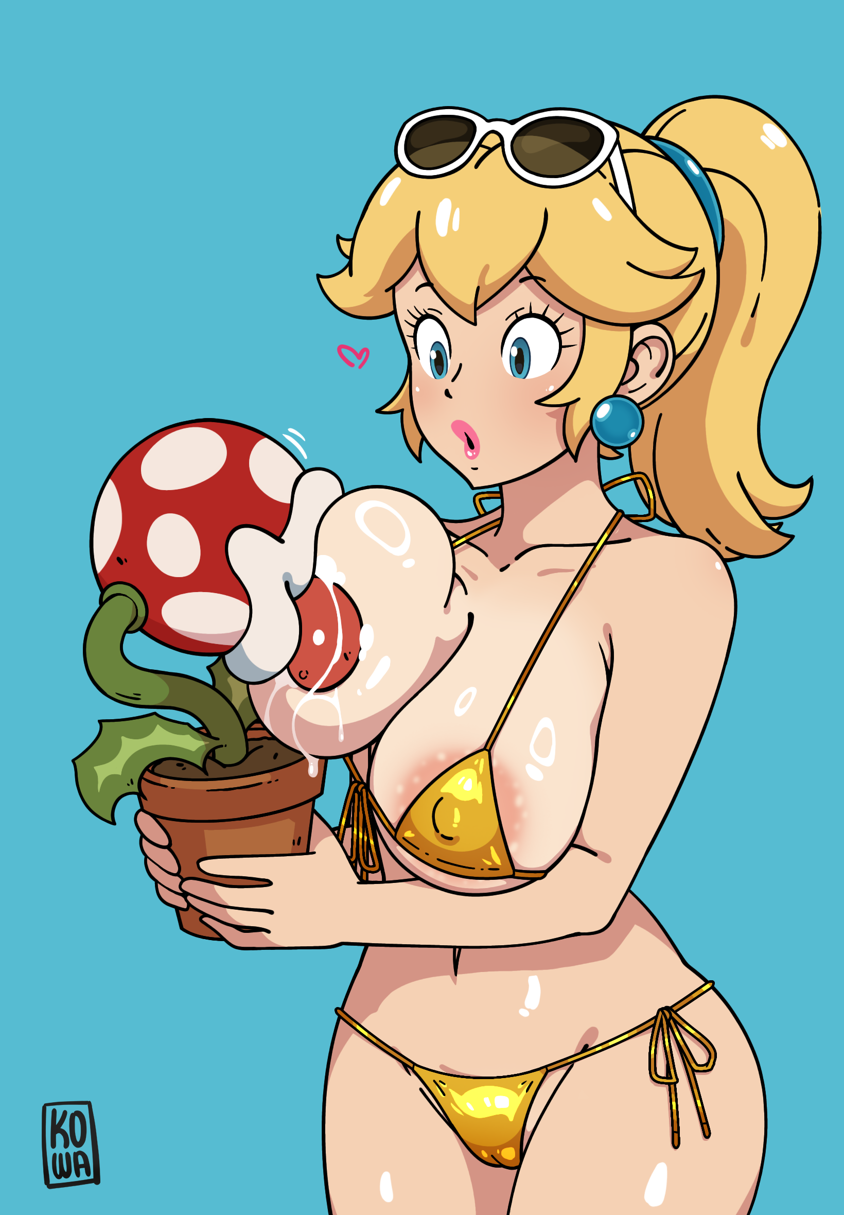 kowaworks, piranha plant, princess peach, mario (series), nintendo, highres, 1girl, areola slip, artist name, bikini, blue eyes, blush, breast sucking, breasts, cameltoe, covered erect nipples, gold bikini, heart, large breasts, legs, long hair, navel, one breast out, pink lips, ponytail, princess, puckered lips, side-tie bikini bottom, sideboob, sunglasses on head, surprised, swimsuit, thighs
