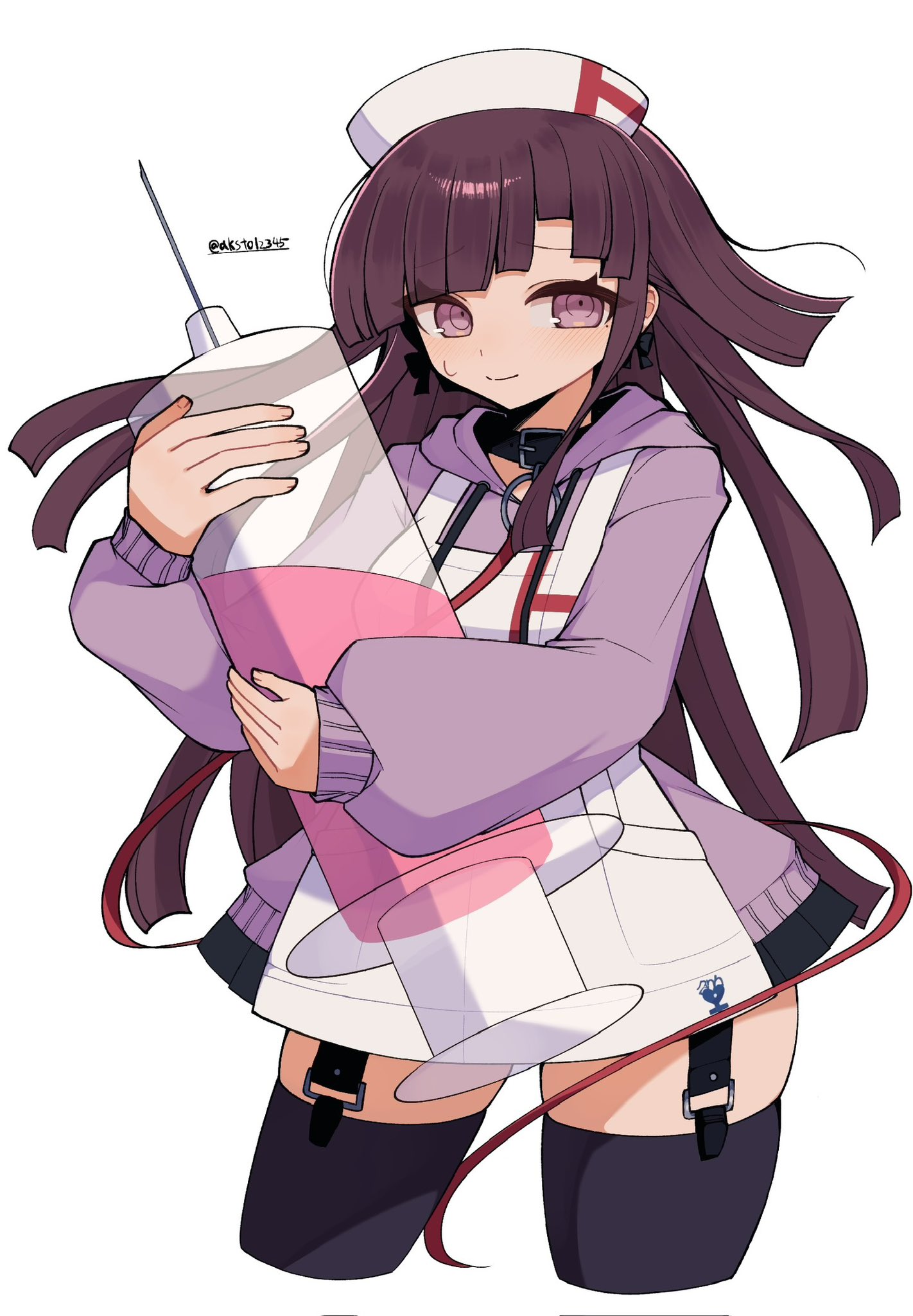 tsumiki mikan, danganronpa (series), danganronpa 2: goodbye despair, commentary request, highres, 1girl, alternate costume, apron, black hair, black thighhighs, blush, choppy bangs, cropped legs, eyelashes, hat, holding, holding syringe, hood, hoodie, huge syringe, long hair, long sleeves, looking at viewer, mi shengwu 3.2 hao, nurse cap, puffy sleeves, purple hoodie, ribbon earrings, ringed eyes, skirt, smile, solo, sweatdrop, syringe, thick thighs, thighhighs, thighs, twitter username, white apron