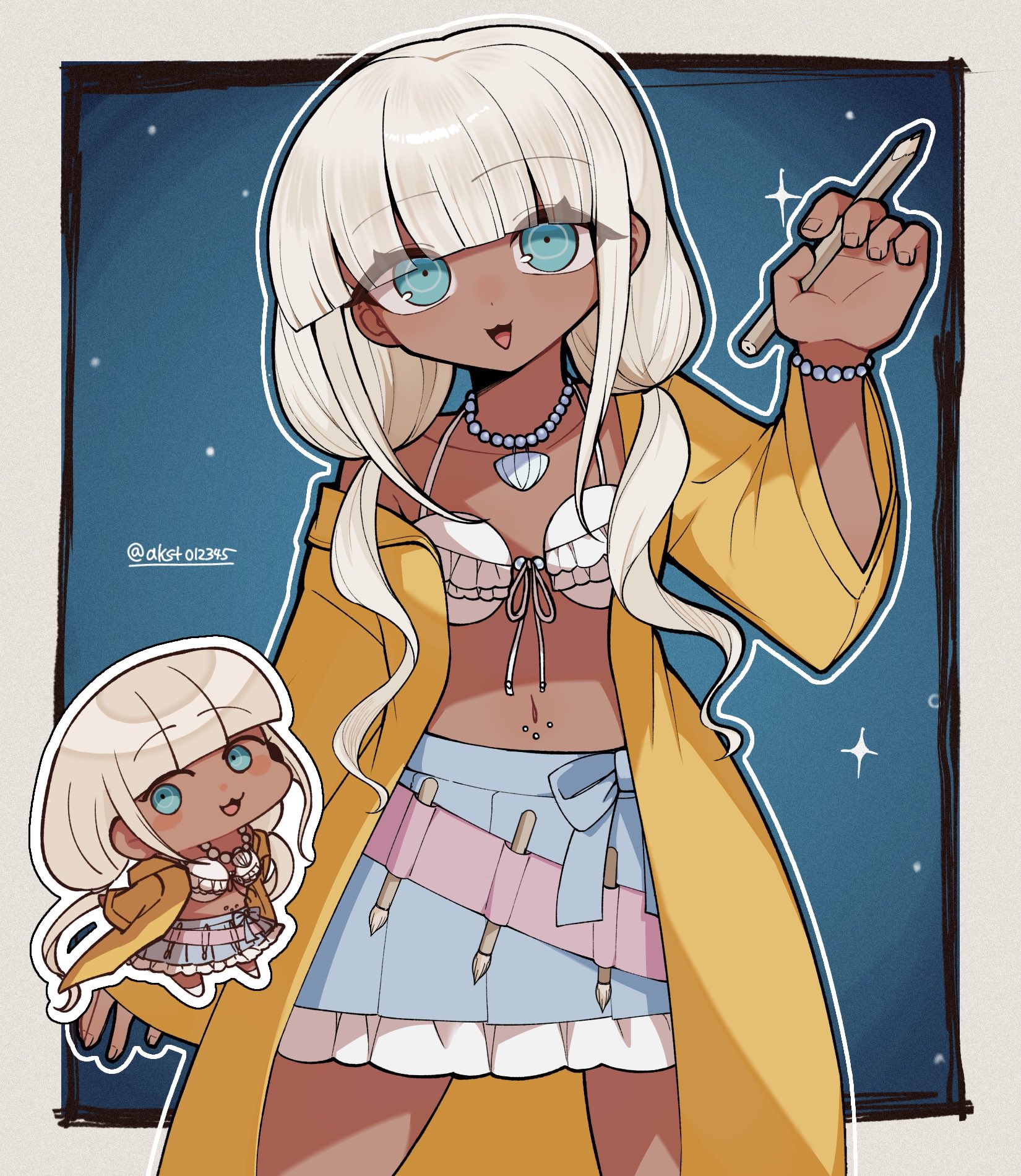 yonaga angie, danganronpa (series), danganronpa v3: killing harmony, commentary, highres, 1girl, :3, bead necklace, beads, bikini, blue eyes, blunt bangs, blush, border, breasts, chibi, cowboy shot, dark-skinned female, dark skin, eyelashes, frilled bikini, frills, ganguro, gyaru, hands up, holding, holding pencil, jewelry, long hair, long sleeves, looking at viewer, low twintails, mi shengwu 3.2 hao, navel, navel piercing, necklace, off shoulder, open mouth, outline, pencil, piercing, raincoat, ringed eyes, shell, shell necklace, skirt, smile, sparkle, swimsuit, twintails, twitter username, white border, white hair, white outline, yellow raincoat