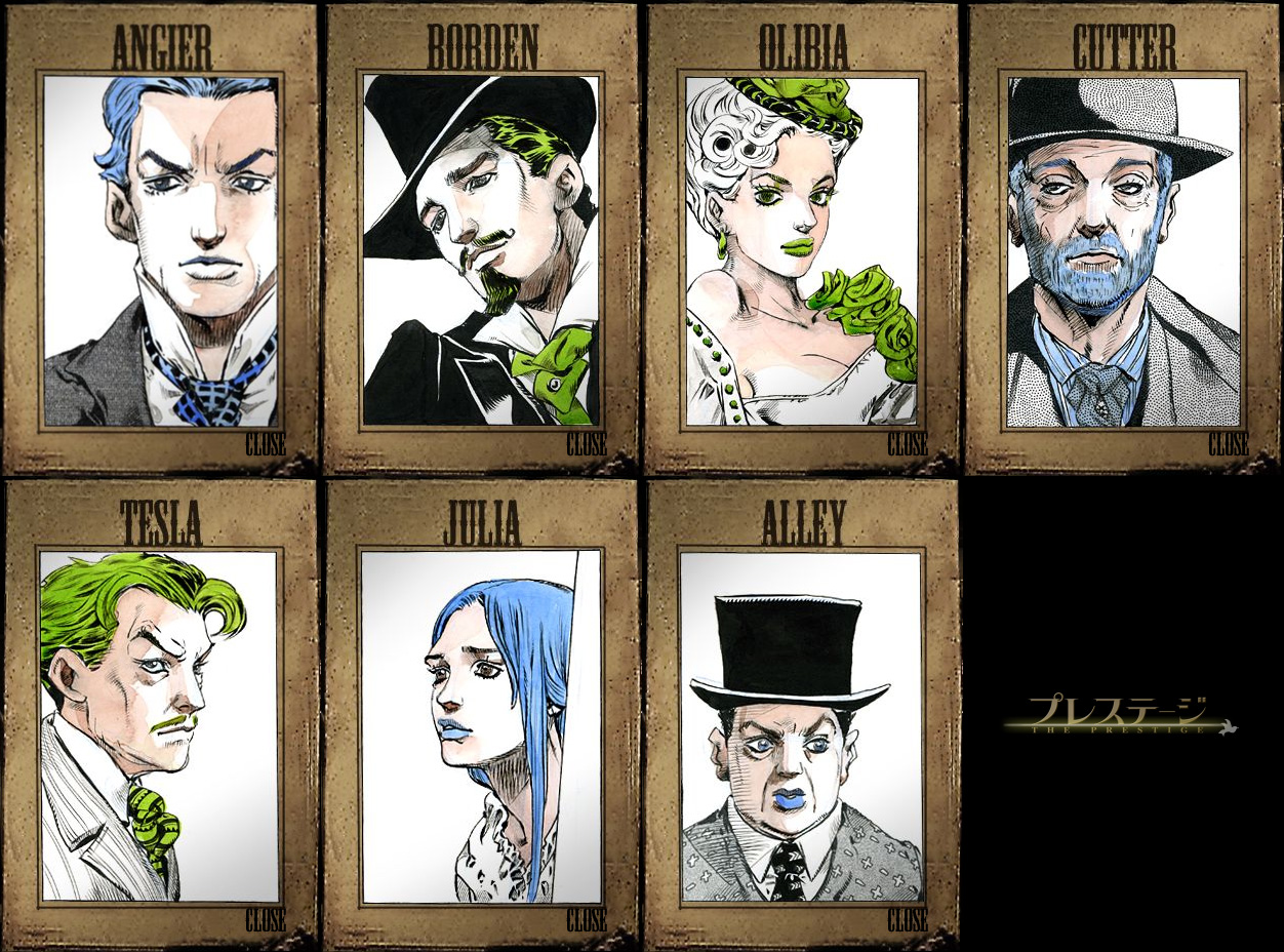 araki hirohiko, alfred borden, john cutter, julia mccullough, mr alley, nikola tesla, olivia wenscombe, rupert angier, the prestige, non-web source, 2girls, 5boys, animification, ascot, beard, blue hair, bowler hat, breasts, cleavage, english text, engrish text, facial hair, green hair, hat, head tilt, jacket, large breasts, lipstick, makeup, multiple boys, multiple girls, necktie, popped collar, portrait, ranguage, shirt, top hat