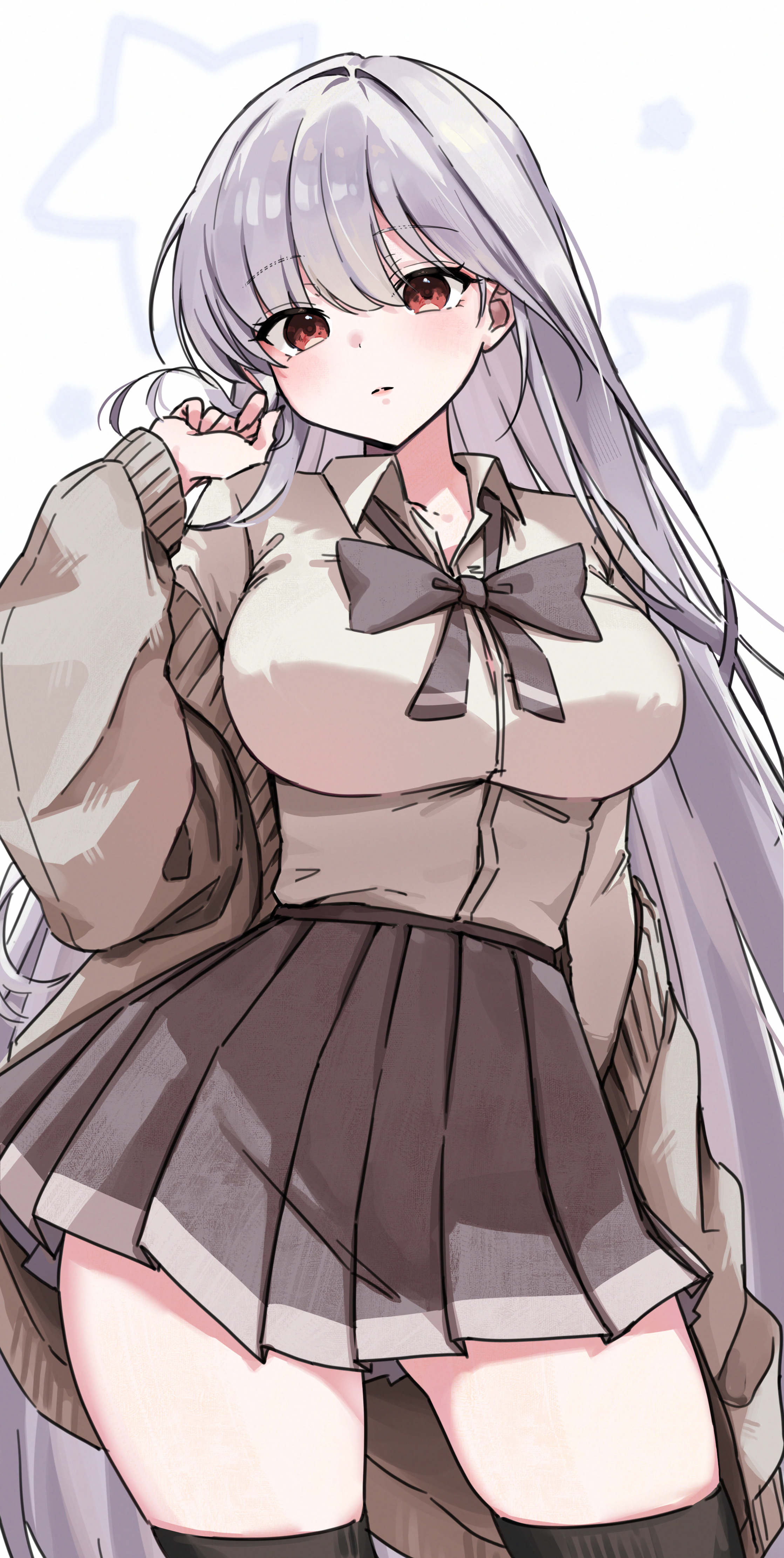 ham (hamparty), original, absurdres, highres, 1girl, black bow, black bowtie, black thighhighs, bow, bowtie, breasts, brown shirt, grey hair, grey skirt, large breasts, long hair, long sleeves, pleated skirt, red eyes, school uniform, shirt, simple background, skirt, sweater partially removed, thighhighs, white background