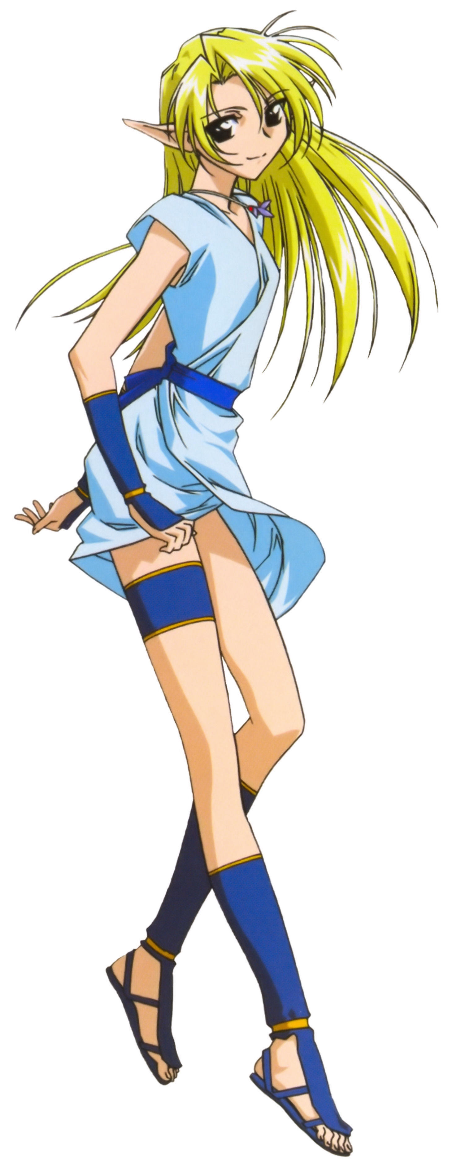 celecia (mahou senshi louie), mahou senshi louie, absurdres, highres, long image, tall image, 00s, 1girl, belt, black eyes, blonde hair, dress, elf, feet, female focus, fingerless gloves, flat chest, gloves, jewelry, legs, long hair, long pointy ears, necklace, pointy ears, sandals, smile, solo, thigh strap, wind, wind lift