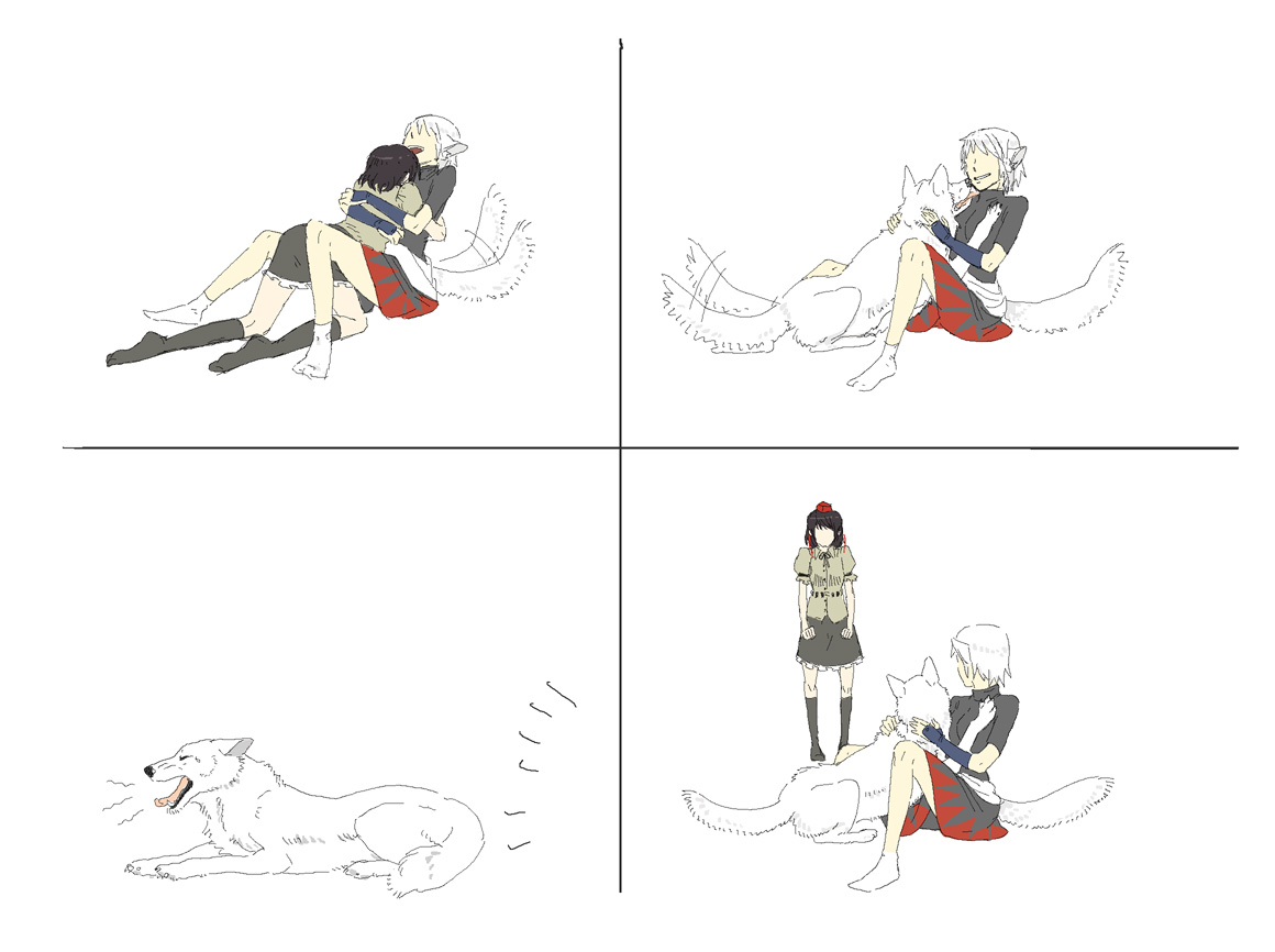 kobushi, yodoro kagyu, inubashiri momiji, shameimaru aya, touhou, bad id, bad pixiv id, 2girls, comic, dog, feet, female focus, hat, hug, multiple girls, silent comic, socks, tail, tokin hat, yawning, yuri