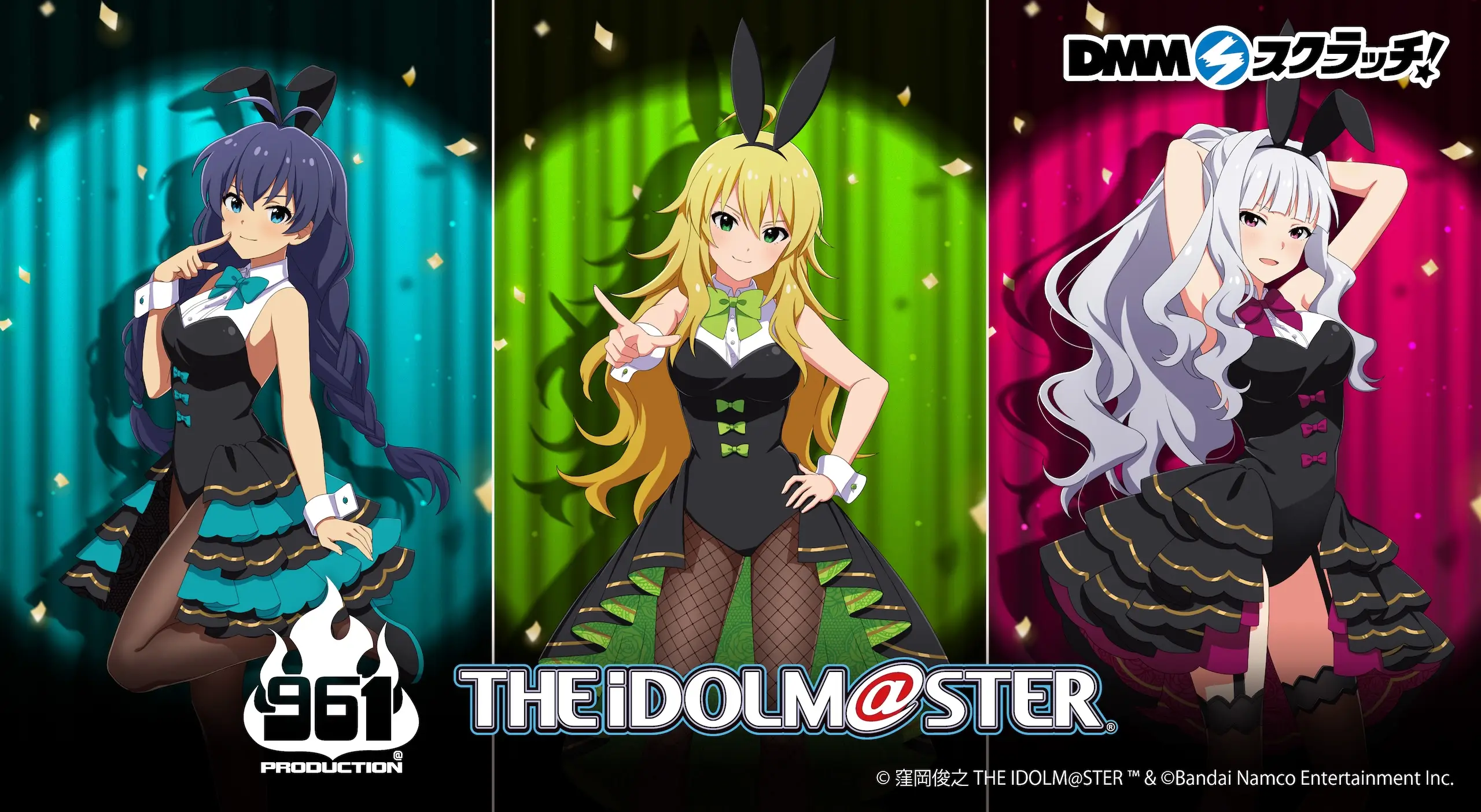 961 production, ganaha hibiki, hoshii miki, shijou takane, idolmaster, idolmaster million live!, idolmaster million live! theater days, official art, promotional art, antenna hair, blonde hair, blue eyes, blue hair, bow, bowtie, confetti, english text, fishnet pantyhose, fishnets, garter straps, green eyes, grey hair, hand on own hip, japanese text, leotard, low twin braids, open mouth, pantyhose, playboy bunny, pointing, ponytail, purple eyes, spotlight, thighhighs, twin braids, wrist cuffs