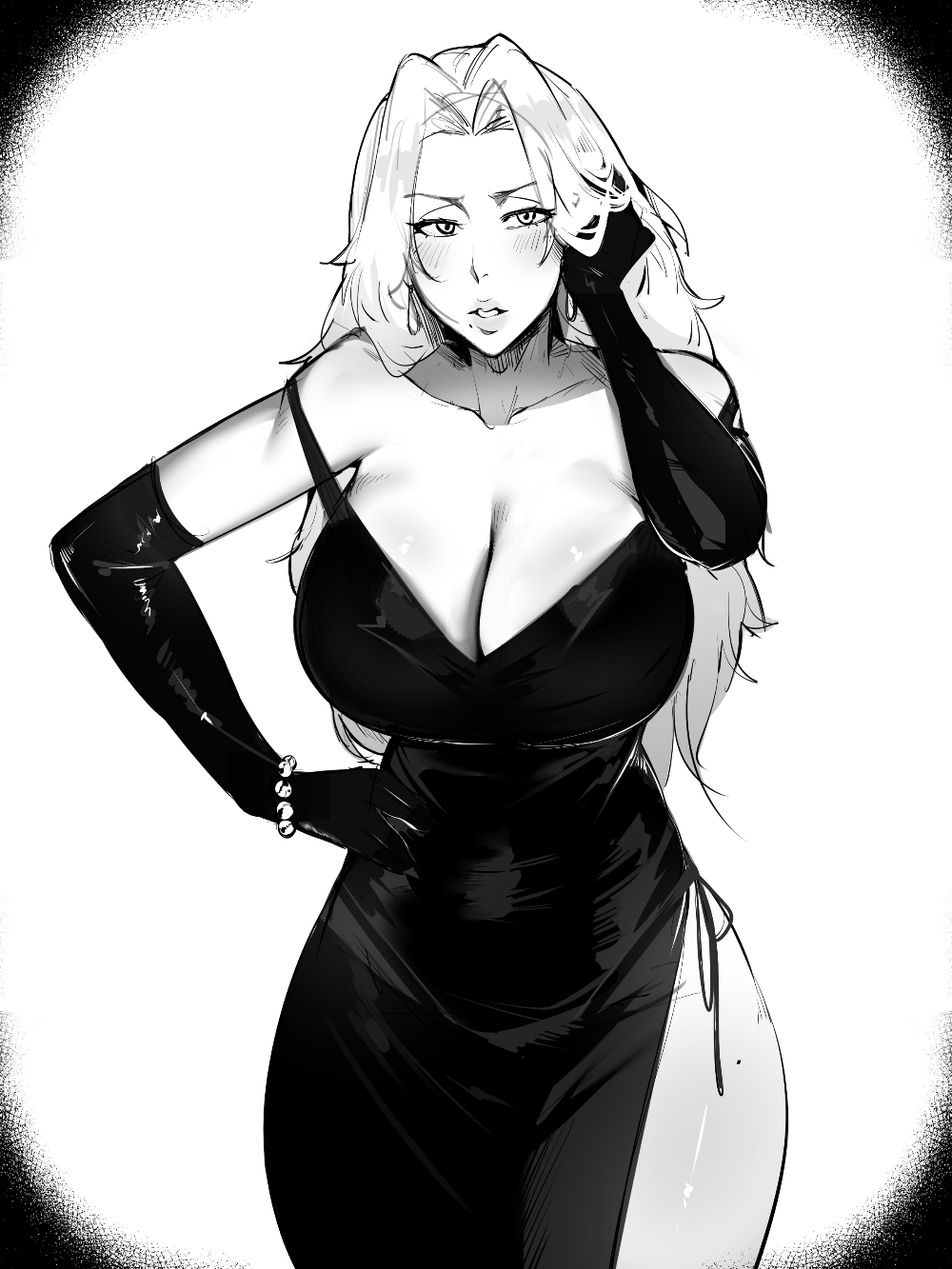 dr octojuice, matsumoto rangiku, bleach, highres, 1girl, bare shoulders, collarbone, dress, elbow gloves, female focus, fixing hair, gloves, hand on own hip, lips, long hair, mole, mole under mouth, monochrome, parted lips, shiny skin, simple background, solo, solo focus, standing, wide hips