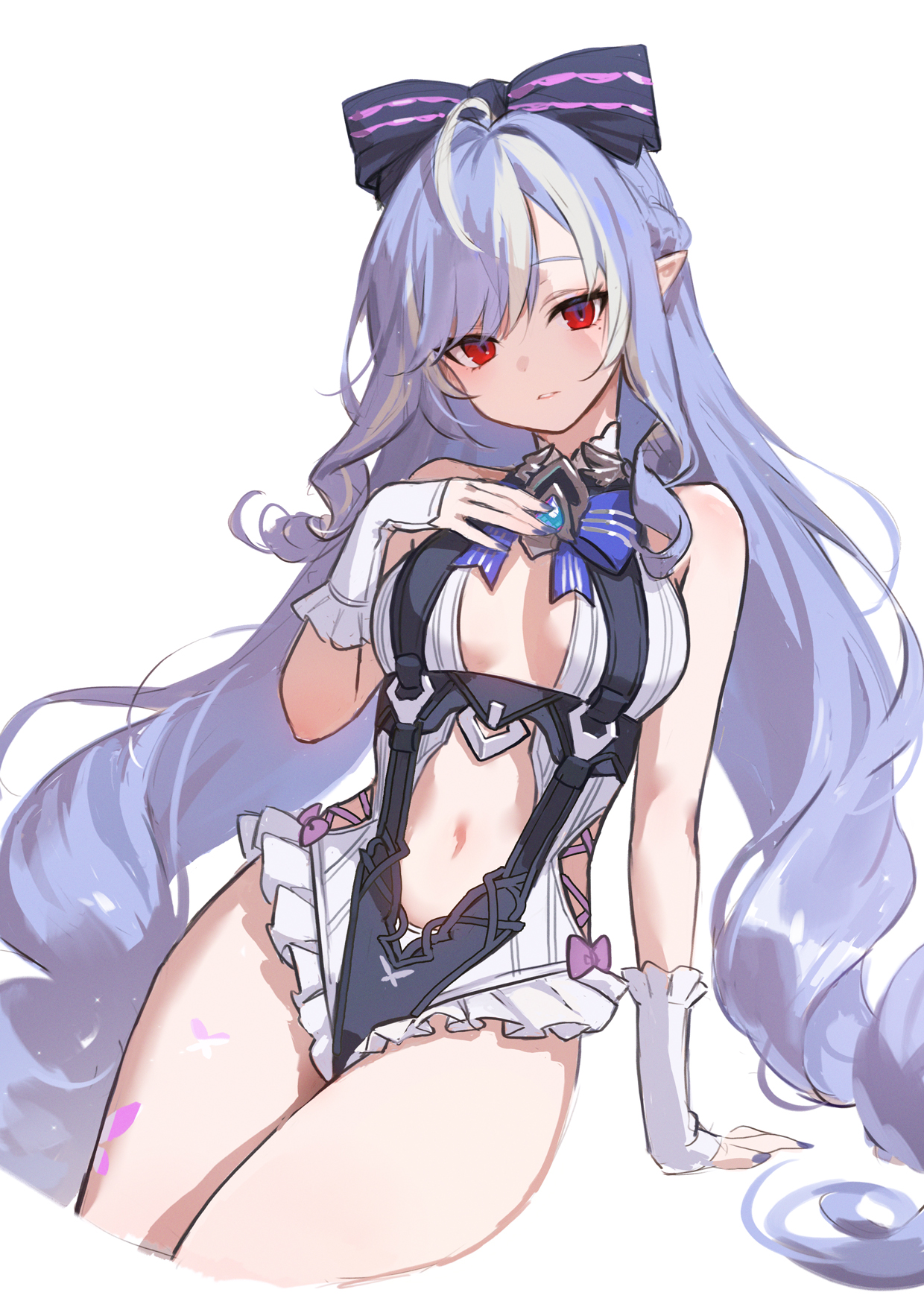 adelie cat, vivian banshee, vivian banshee (iris of the shore), zenless zone zero, highres, animal print, bare shoulders, black bow, bow, bowtie, breasts, butterfly print, cleavage, clothing cutout, drill hair, frilled one-piece swimsuit, frills, gem, hand on floor, head tilt, heart cutout, long hair, looking at viewer, mole, mole under eye, navel, one-piece swimsuit, pointy ears, purple bow, purple bowtie, purple gemstone, purple hair, purple nails, purple ribbon, ribbon, sideboob cutout, sitting, stomach, stomach cutout, swimsuit, teeth, white background