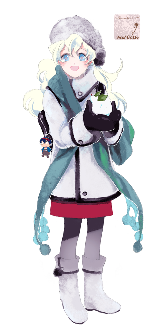 kanke (yonkuma), nia teppelin, simon (ttgl), tengen toppa gurren lagann, bad id, bad pixiv id, 00s, 1girl, blue eyes, character doll, chibi, coat, cold, doll, female focus, full body, fur hat, hat, long hair, scarf, solo, standing, transparent background, white hair, winter clothes, winter coat