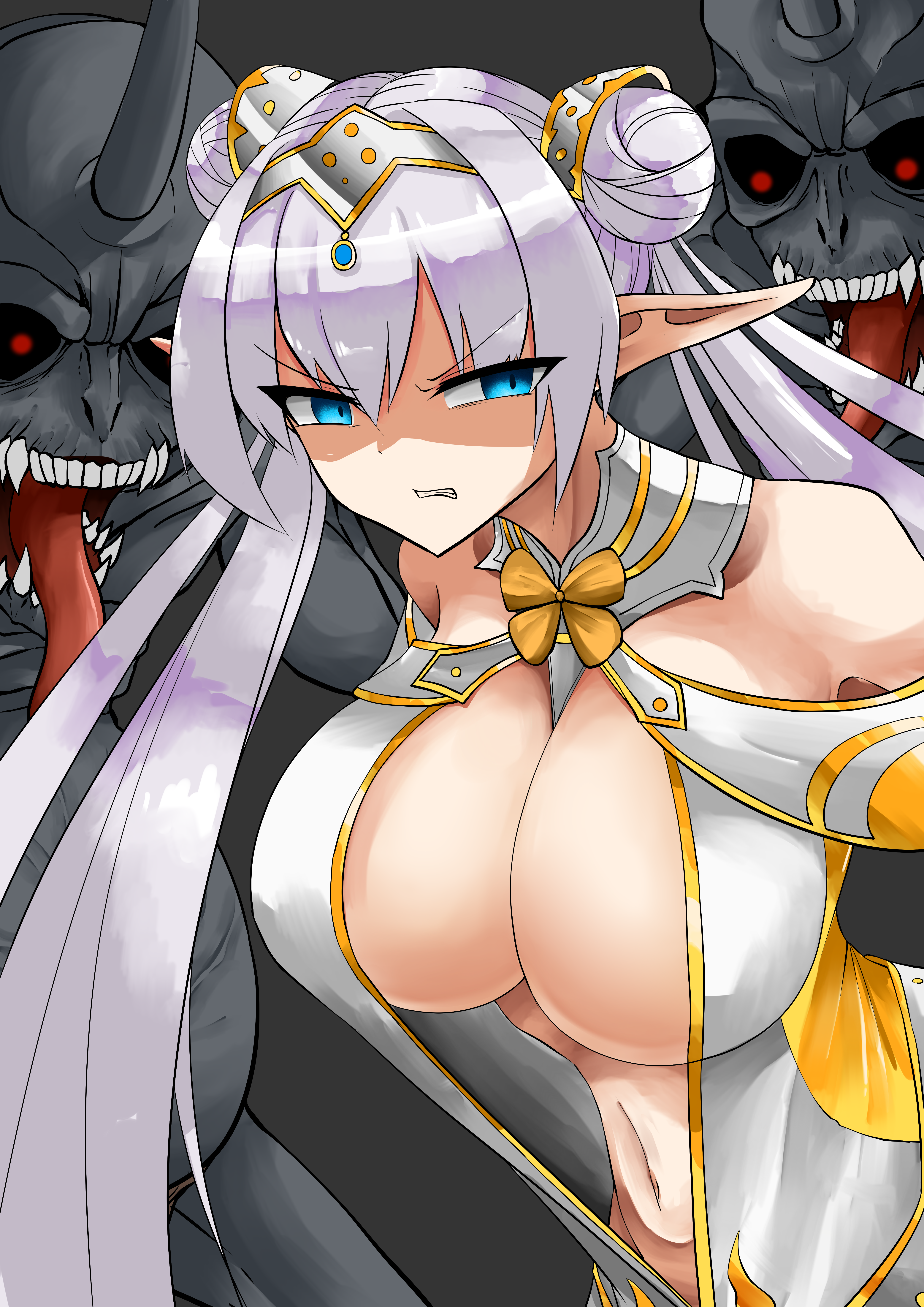 nubebenbe, britomart (fate), oni imp (fate), fate/grand order, fate (series), absurdres, highres, 1girl, 2boys, bare shoulders, blue eyes, breasts, clenched teeth, glaring, hair bun, large breasts, multiple boys, navel, pointy ears, red eyes, sharp teeth, teeth, tongue, tongue out, twintails, white hair