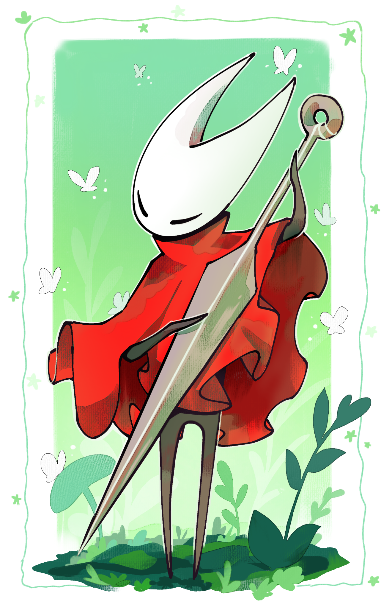 miikrowelle, hornet (hollow knight), hollow knight, hollow knight: silksong, commentary, english commentary, highres, ibispaint (medium), 1girl, arthropod girl, black skin, cloak, colored skin, hollow eyes, horned mask, instrument, mask, music, needle (hollow knight), playing instrument, red cloak, solo, white mask