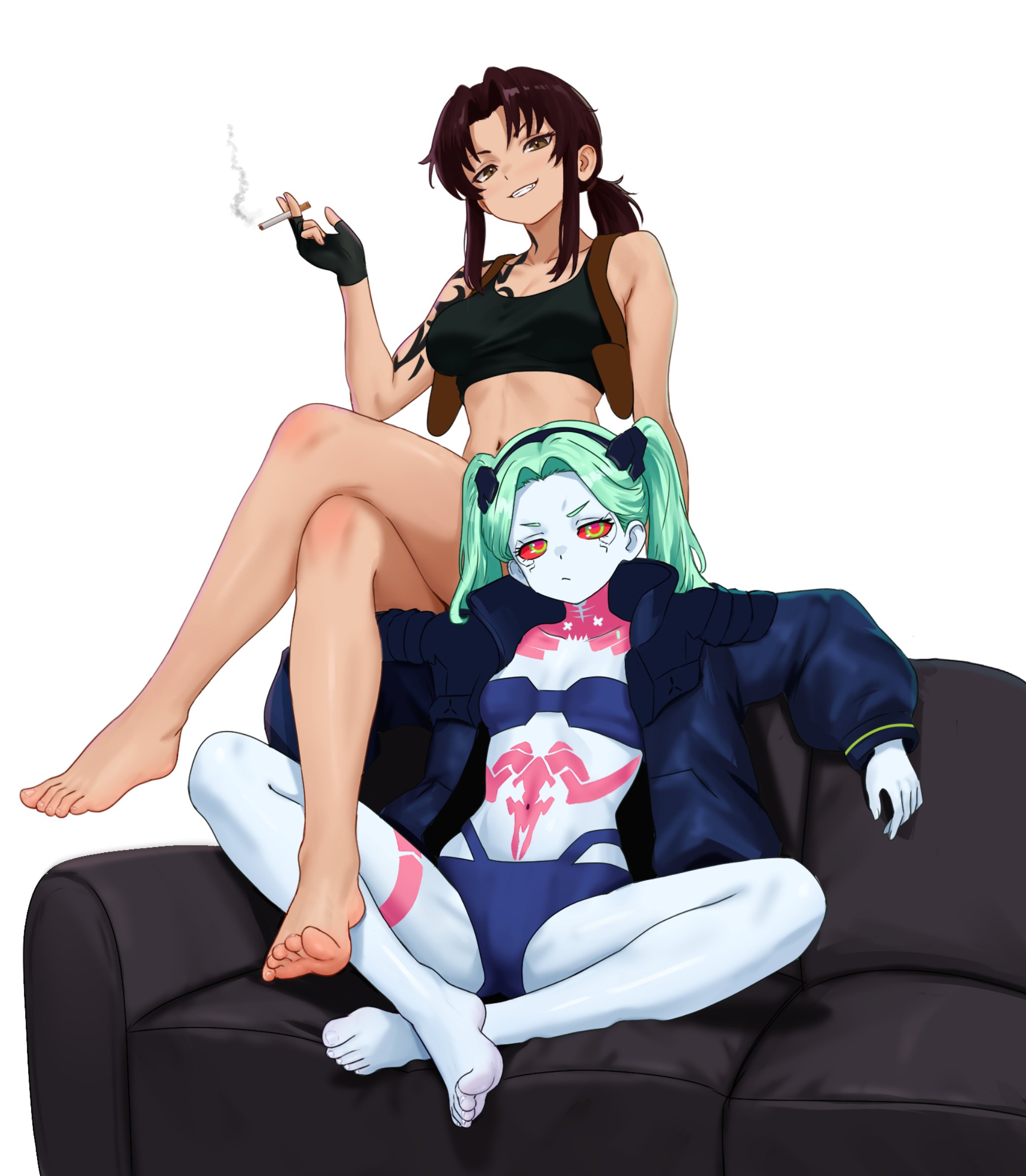 nihu, rebecca (cyberpunk), revy (black lagoon), black lagoon, cyberpunk: edgerunners, cyberpunk (series), highres, 2girls, bare legs, barefoot, brown eyes, brown hair, cigarette, colored sclera, colored skin, couch, fingerless gloves, gloves, grey skin, grin, holding, holding cigarette, jacket, looking at viewer, multiple girls, on couch, ponytail, red sclera, simple background, smile, smoking, soles, tattoo, toes, twintails, white background