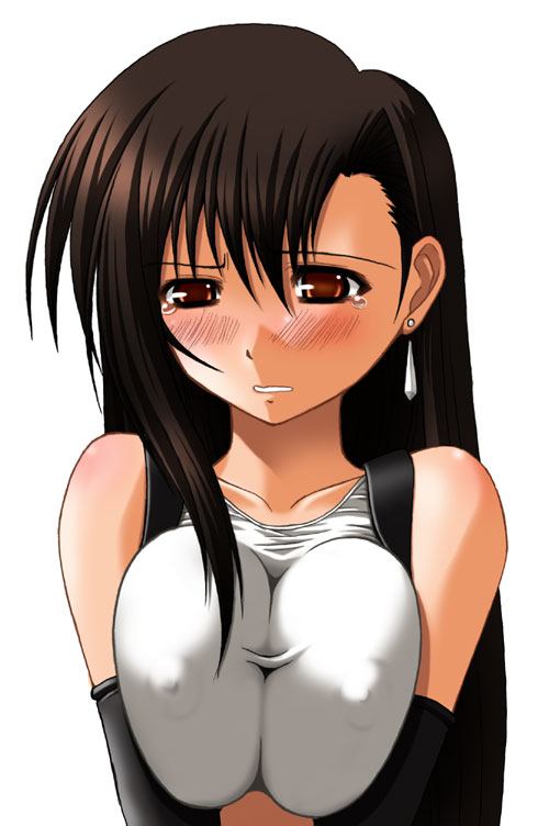 abu, tifa lockhart, final fantasy, final fantasy vii, 1990s (style), 1girl, bare shoulders, black hair, blush, breasts, breasts squeezed together, cleavage, covered erect nipples, elbow gloves, female focus, gloves, large breasts, long hair, retro artstyle, solo, suspenders, tank top, tears