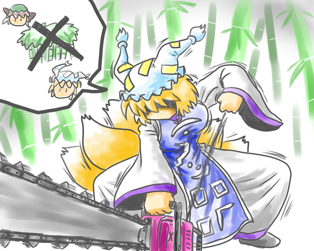 bit (kksbit), chen, yakumo ran, touhou, bit, bad id, bad pixiv id, 2girls, animal hat, bamboo, bamboo forest, blonde hair, brown hair, chainsaw, female focus, forest, fox tail, hair over eyes, hat, long sleeves, mob cap, multiple girls, multiple tails, nature, no eyes, no mouth, shaded face, short hair, solo, tail, tassel, wide sleeves