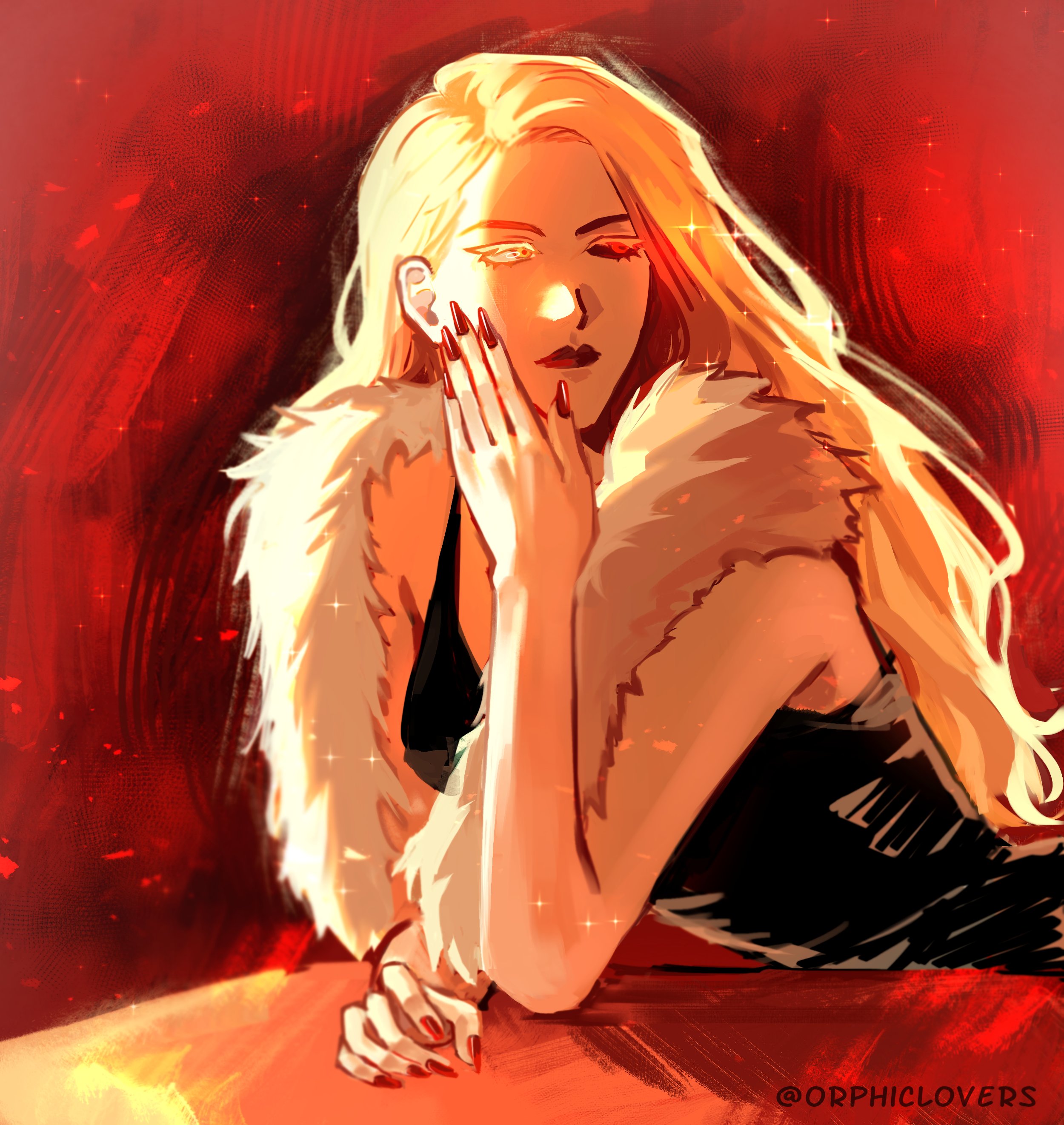 omniscient reader's viewpoint, absurdres, highres, 1girl, anna croft, averting eyes, black sclera, blonde hair, breasts, cleavage, colored sclera, dress, elbow rest, expressionless, fur collar, hair flowing over, heterochromia, long hair, orphiclovers, red dress, red eyes, red nails, red theme, solo, sparkle, table, yellow eyes
