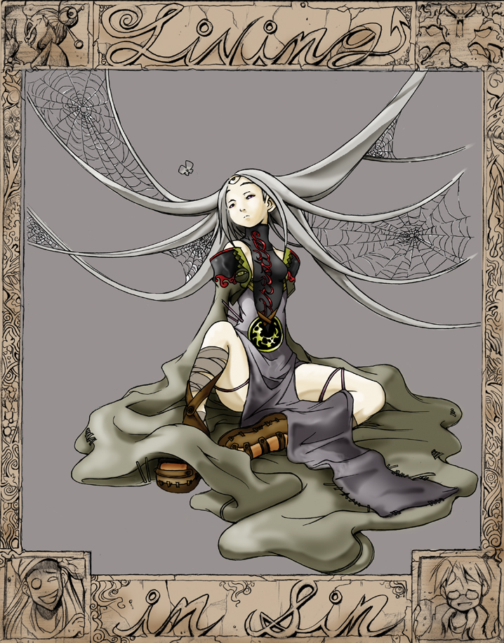 shaun healey, seth (living in sin), sloth (living in sin), living in sin, bandages, dress, long hair, personification, purple eyes, seven deadly sins, silk, sitting, solo, spider web, very long hair, white hair