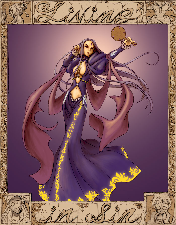 scrotumnose, shaun healey, pride (living in sin), seth (living in sin), living in sin, 1girl, breasts, cleavage, dress, female focus, long hair, medium breasts, mirror, personification, purple hair, red eyes, seven deadly sins, solo
