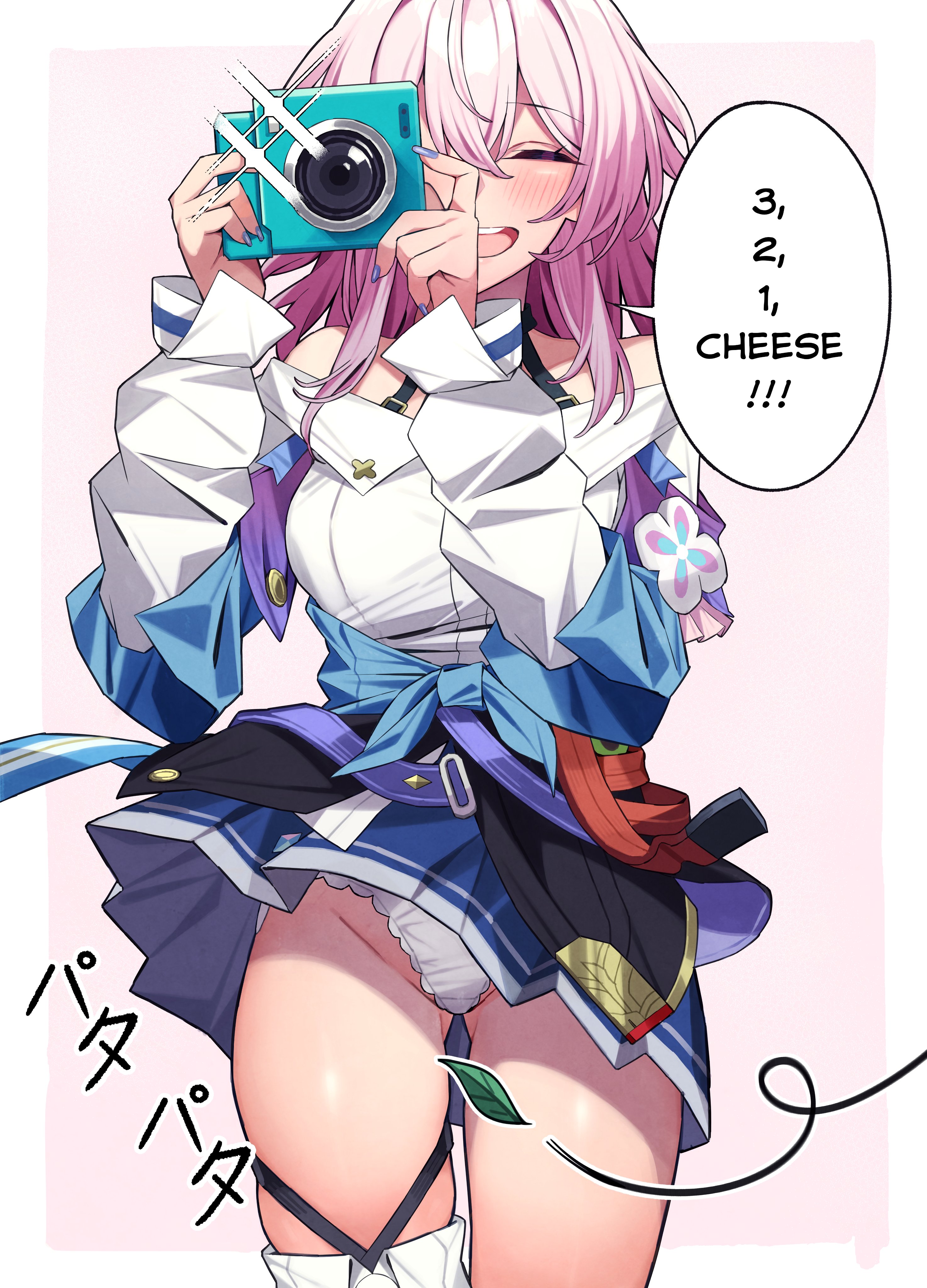 heta, march 7th (honkai: star rail), march 7th (preservation) (honkai: star rail), honkai: star rail, honkai (series), absurdres, commentary, english commentary, highres, 1girl, bare shoulders, black choker, blue nails, breasts, camera, choker, closed eyes, earrings, english text, hair between eyes, holding, holding camera, jacket, jewelry, leaf, long sleeves, looking at viewer, medium hair, open mouth, panties, pantyshot, pink hair, shirt, simple background, skirt, smile, solo, speech bubble, taking shelter, thighhighs, underwear, white panties, white shirt, wind