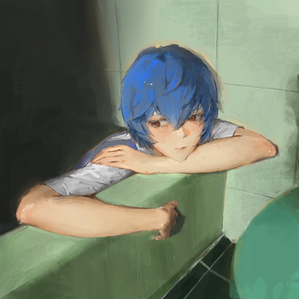 ayanami rei, neon genesis evangelion, 1girl, bathtub, blue hair, closed mouth, clothed bath, gusoyugo, half-closed eyes, hand on own shoulder, looking to the side, partially submerged, red eyes, shirt, tile wall, tiles, wet, white shirt