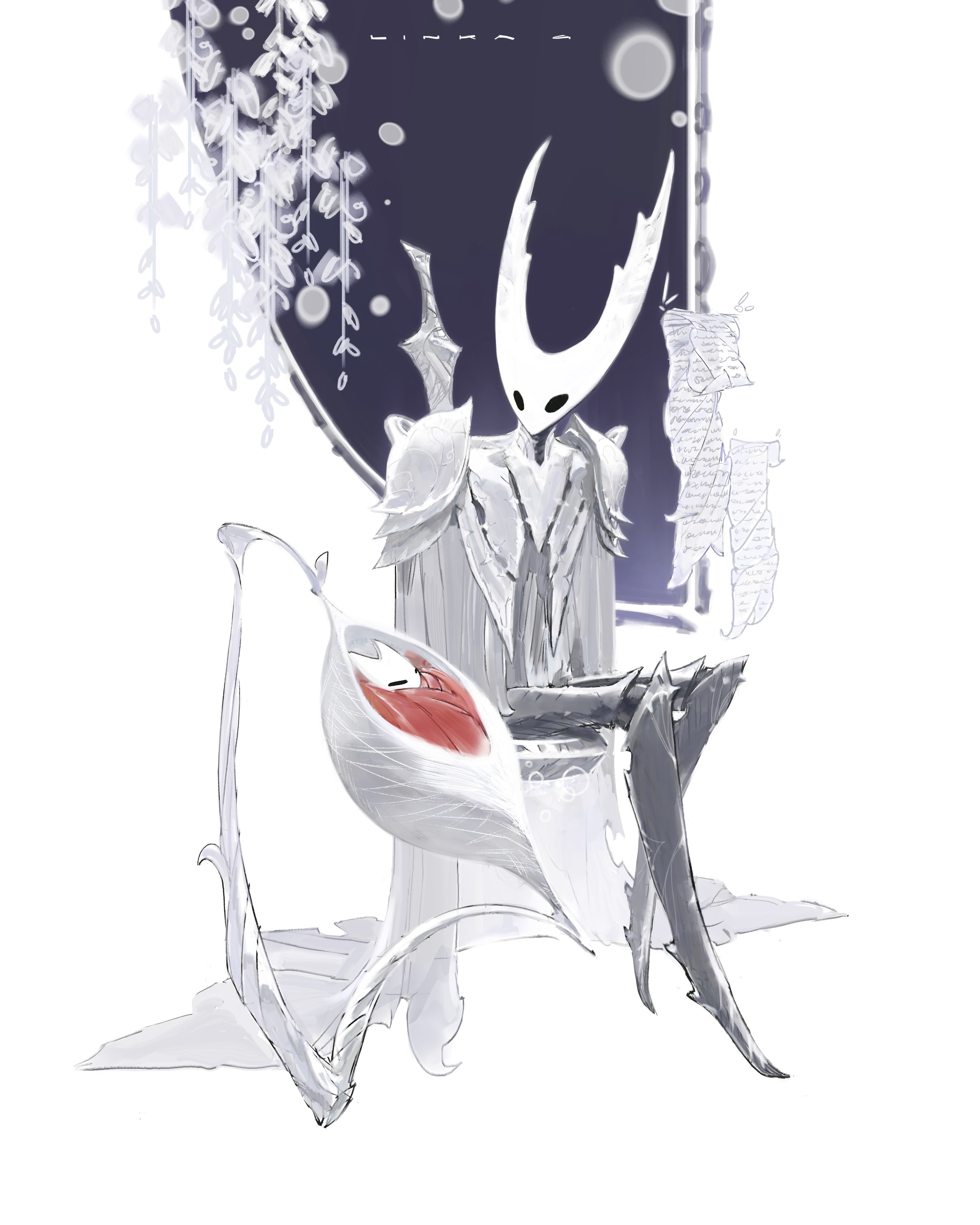 hollow knight (character), hornet (hollow knight), hollow knight, absurdres, commentary, english commentary, highres, 1girl, 1other, aged down, armor, arthropod girl, arthropod limbs, baby, grey cloak, horned mask, mask, nail (hollow knight), pure vessel, rungapikattohikattara, shoulder armor, sitting, weapon, weapon on back, white mask