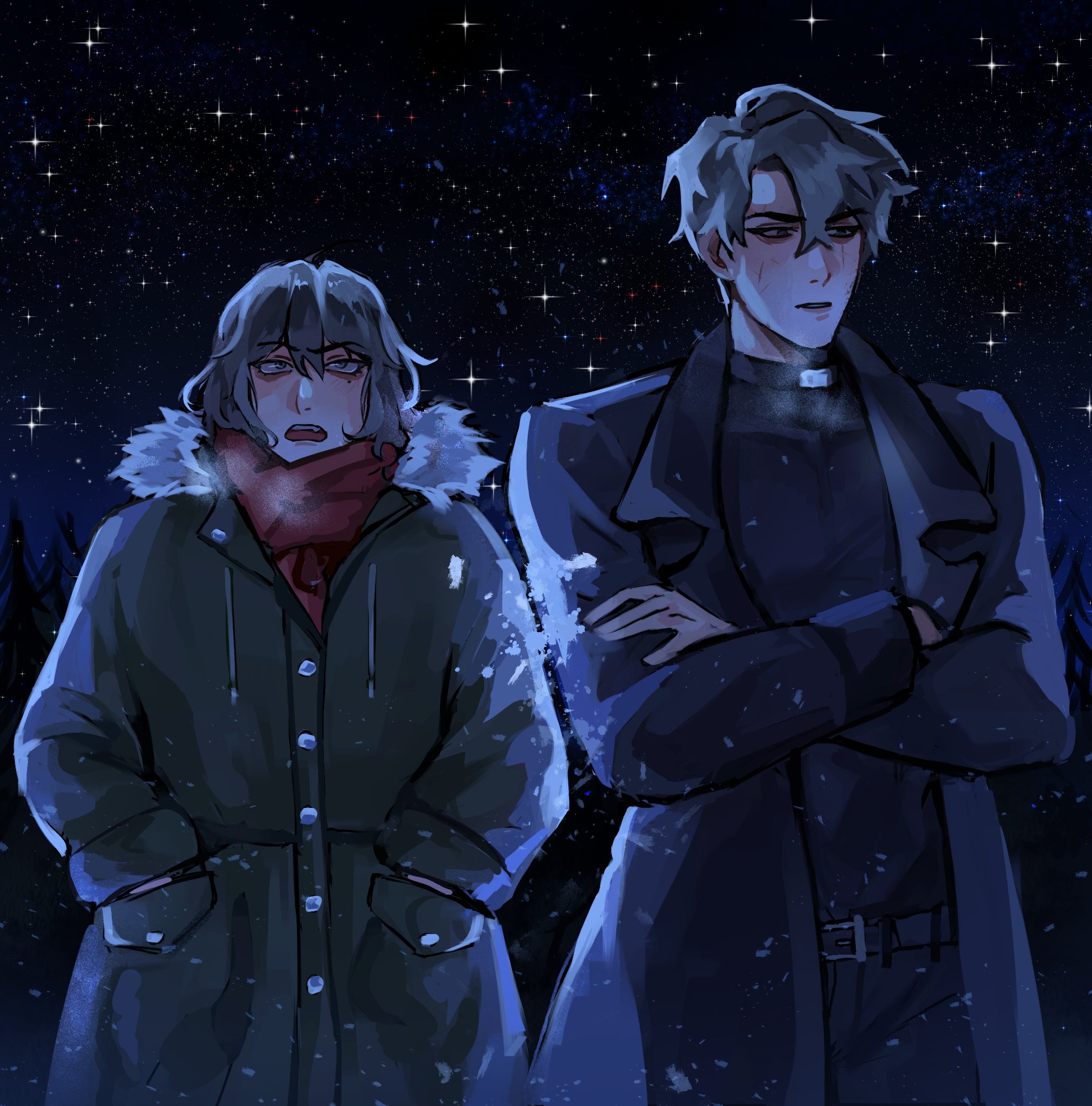 han sooyoung, yoo joonghyuk, omniscient reader's viewpoint, highres, 1boy, 1girl, :o, bags under eyes, black coat, black eyes, black hair, blue eyes, blue theme, bob cut, breath, coat, cowboy shot, crew neck, crossed arms, crossed bangs, dark, double-parted bangs, fur collar, hair between eyes, hand in pocket, open clothes, open coat, orphiclovers, outdoors, popped collar, red scarf, scarf, serious, short hair, sky, sparkle, star (sky), starry sky, winter clothes, winter coat