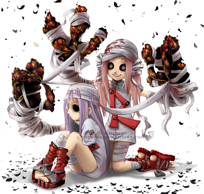 rosie (rosiemonomi), shaun healey, posie, rosie (everafter), everafter, 2girls, bandages, black sclera, colored sclera, creepy, eyepatch, horror (theme), multiple girls, one-eyed, pink hair, purple hair, rosie posie, siblings, sisters, twins