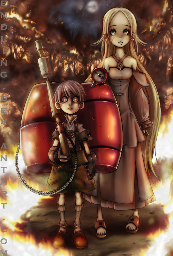 shaun healey, goldilocks (grimm), gretel (hansel and gretel), hansel (hansel and gretel), everafter, hansel and gretel, bare shoulders, blonde hair, blue eyes, blurry, brown hair, depth of field, earrings, fire, flamethrower, forest, jewelry, long hair, moon, nature, red eyes, sandals, scar, smoke, very long hair, weapon