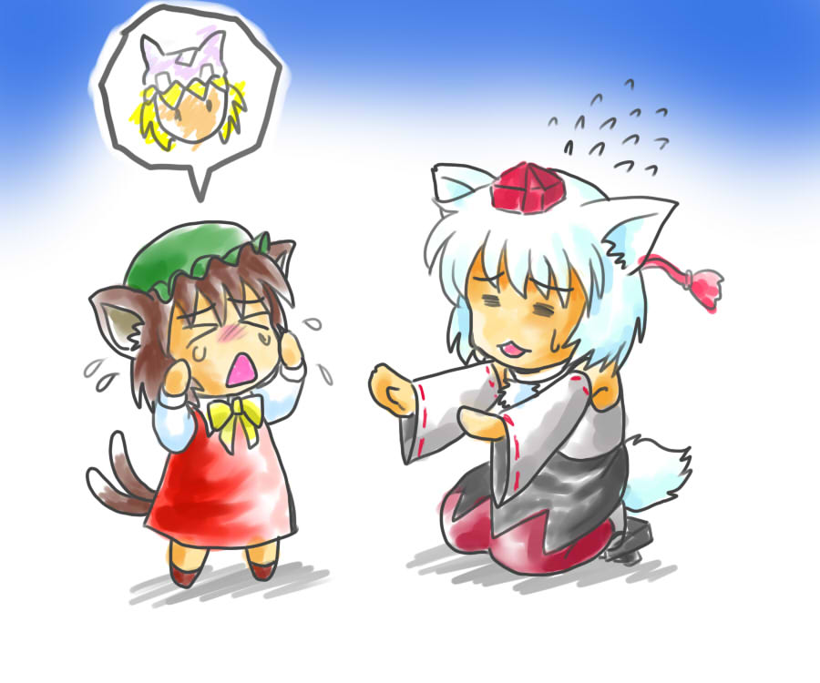 bit (kksbit), chen, inubashiri momiji, yakumo ran, touhou, bit, bad id, bad pixiv id, > <, 3girls, :3, = =, animal ears, brown hair, cat ears, cat girl, cat tail, closed eyes, comforting, female focus, geta, hat, multiple girls, multiple tails, open mouth, sandals, simple background, tail, tears, tengu-geta, tokin hat, triangle mouth, white hair, wolf ears, wolf tail