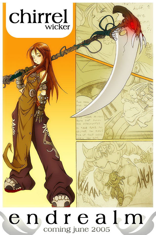 scrotumnose, shaun healey, chirrel wicker, endrealm, armband, armor, baggy pants, brown eyes, brown hair, gauntlets, long hair, pants, scythe, weapon