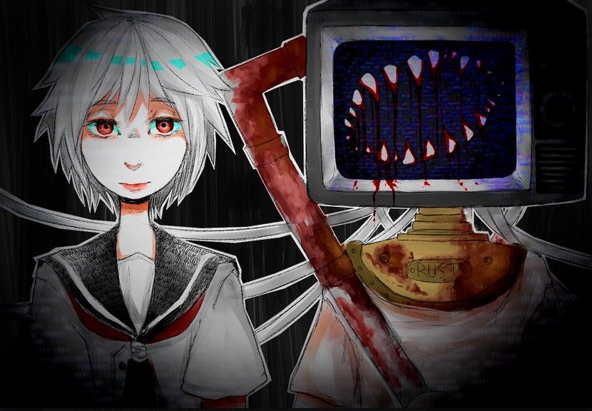 ghostandpals, rust (.flow), sabitsuki, .flow, bad source, third-party source, 2girls, blood, blood on teeth, expressionless, lead pipe, multiple girls, object head, red eyes, school uniform, teeth, television, white hair