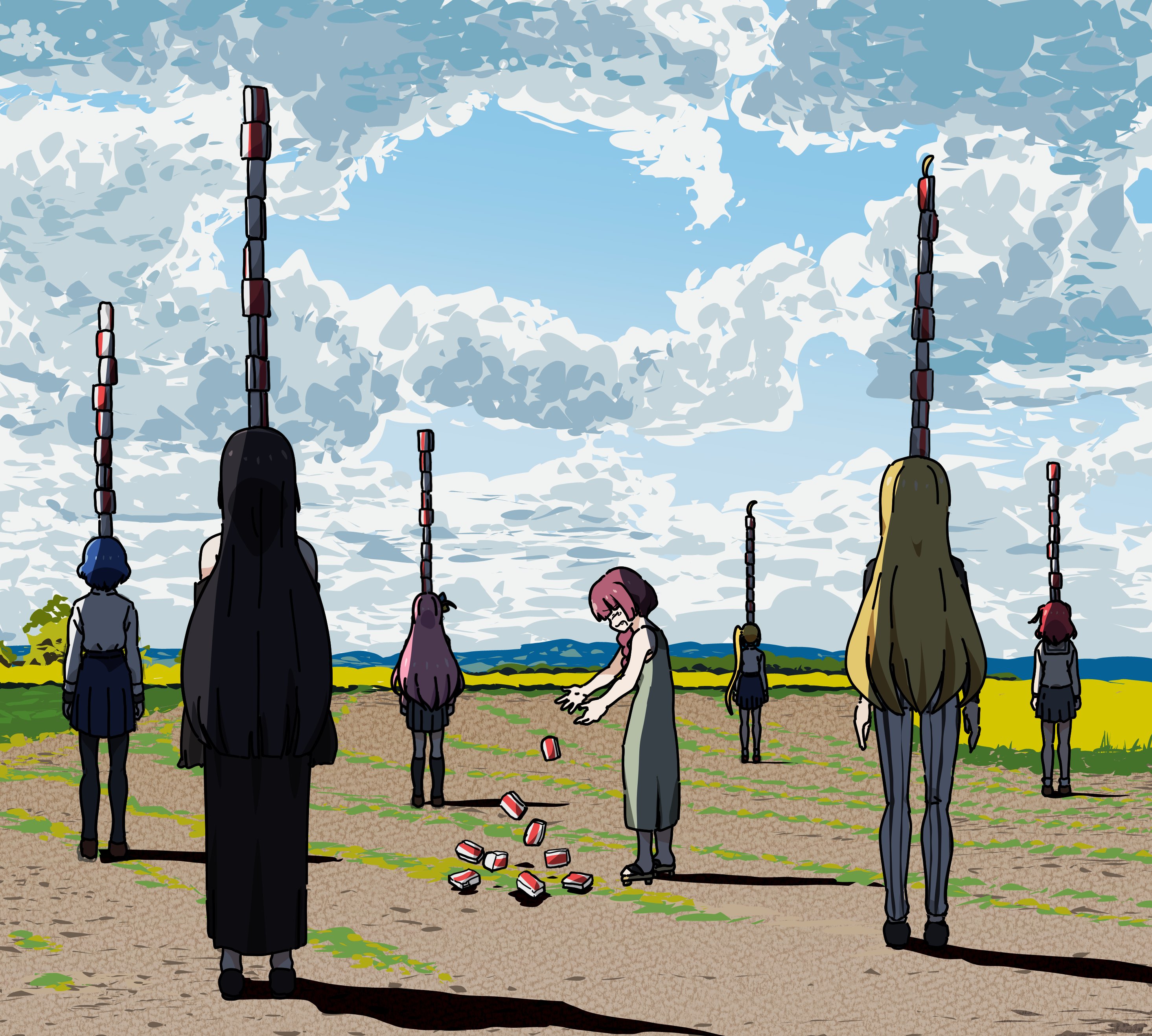 goumonsha, hiroi kikuri, bocchi the rock!, absurdres, derivative work, highres, 6+girls, ahoge, album cover redraw, alcohol carton, balancing on head, bare shoulders, black dress, black hair, black pantyhose, blonde hair, blue hair, blue skirt, blue sky, can stack, cloud, cloudy sky, cube hair ornament, detached ahoge, dress, facing away, from behind, grass, green dress, hair ornament, kessoku band, long hair, motoharu sano & the coyote band, mountainous horizon, multiple girls, outdoors, pants, pantyhose, pink hair, pleated skirt, purple hair, red hair, school uniform, shirt, short hair, skirt, sky, standing, striped clothes, striped pants, sundress, surreal, vertical-striped clothes, vertical-striped pants, very long hair, white pants, white shirt