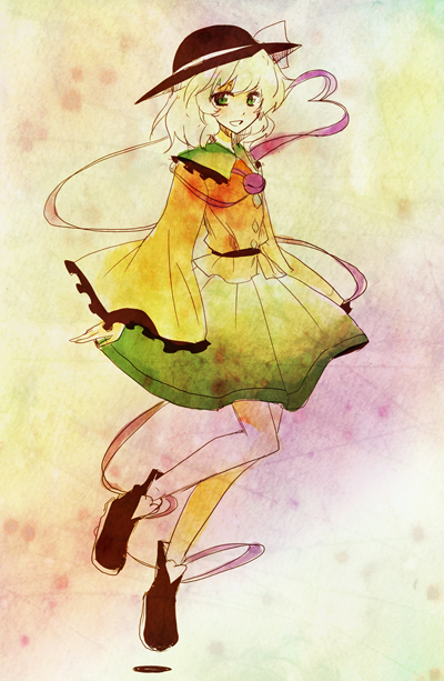 nr (cerumia), nr (cmnrr), nr (pixiv), komeiji koishi, touhou, bad id, bad pixiv id, 1girl, female focus, green eyes, hat, open mouth, short hair, smile, solo